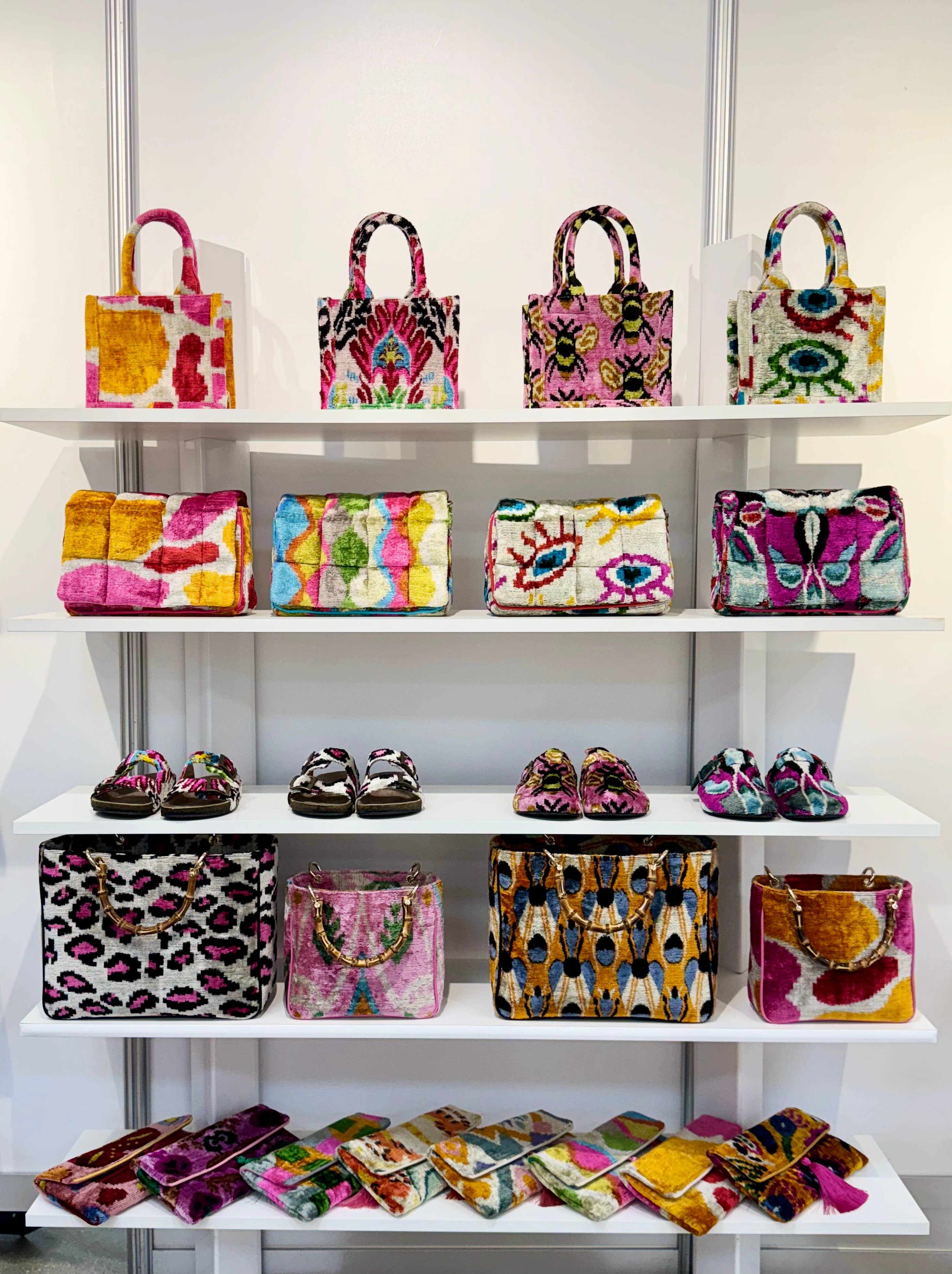 Silk Velvet Ikat Large Kuti Bag with Bamboo Handle