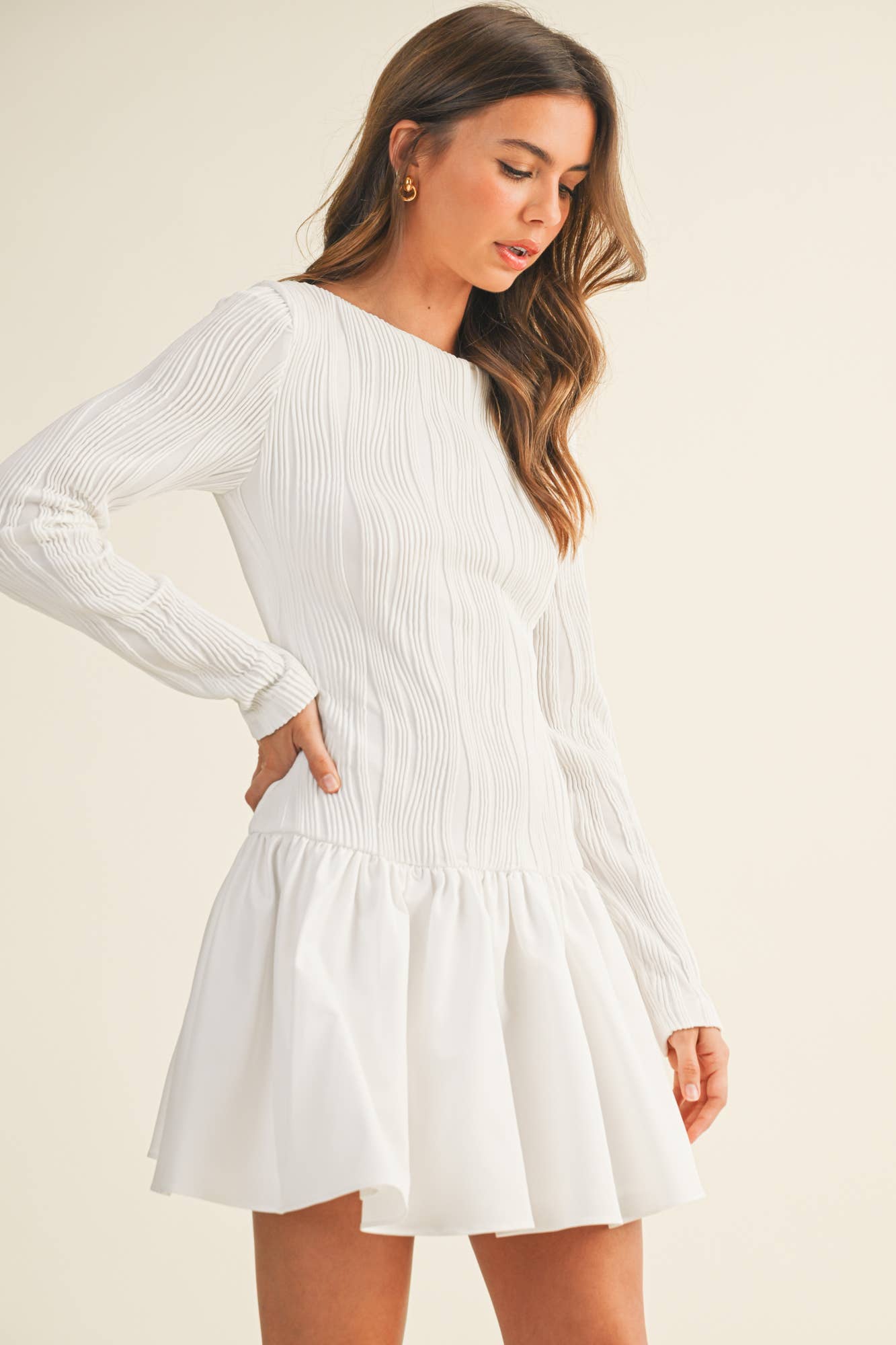 BOAT NECK LONG SLEEVE FLARE DRESS