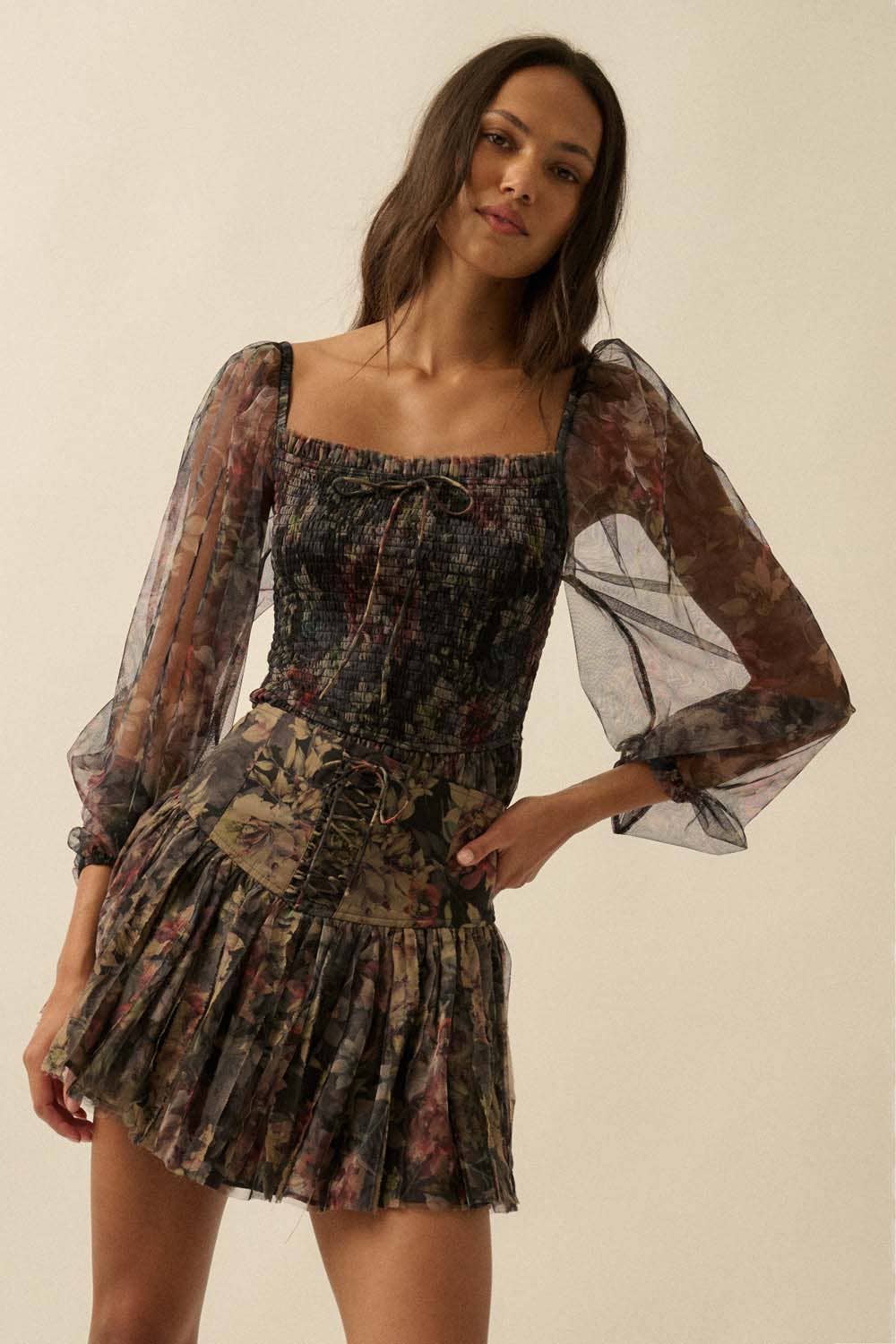 Floral-Print Drop-Waist Lace-Up Pleated Mini Skort