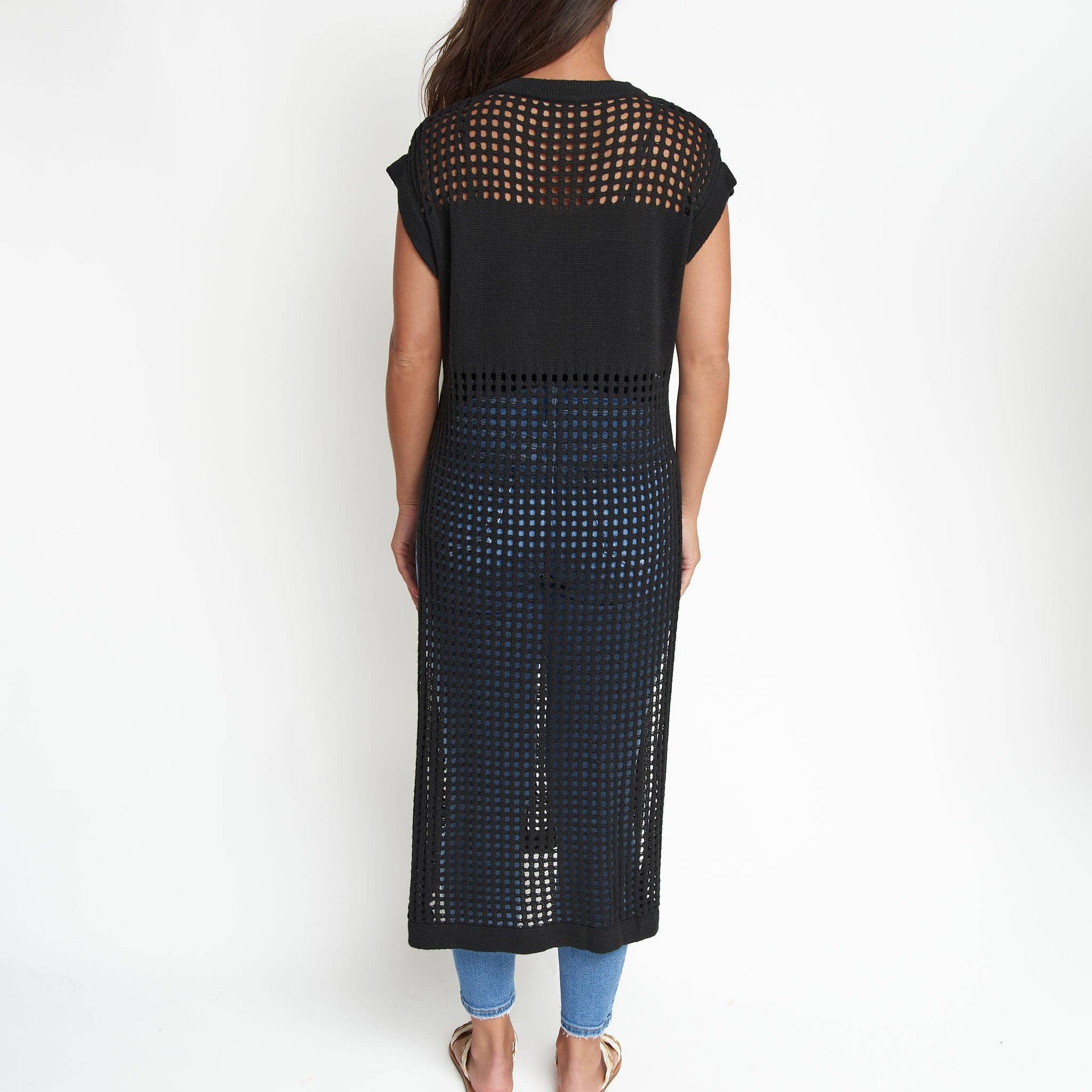 Azalea Sleeveless Longline Crochet Sweater - Jet