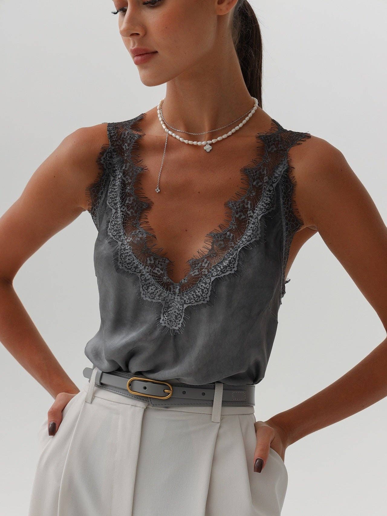 Women Sheer V-Neck Retro Lace Hollow Out Trim Vest Top