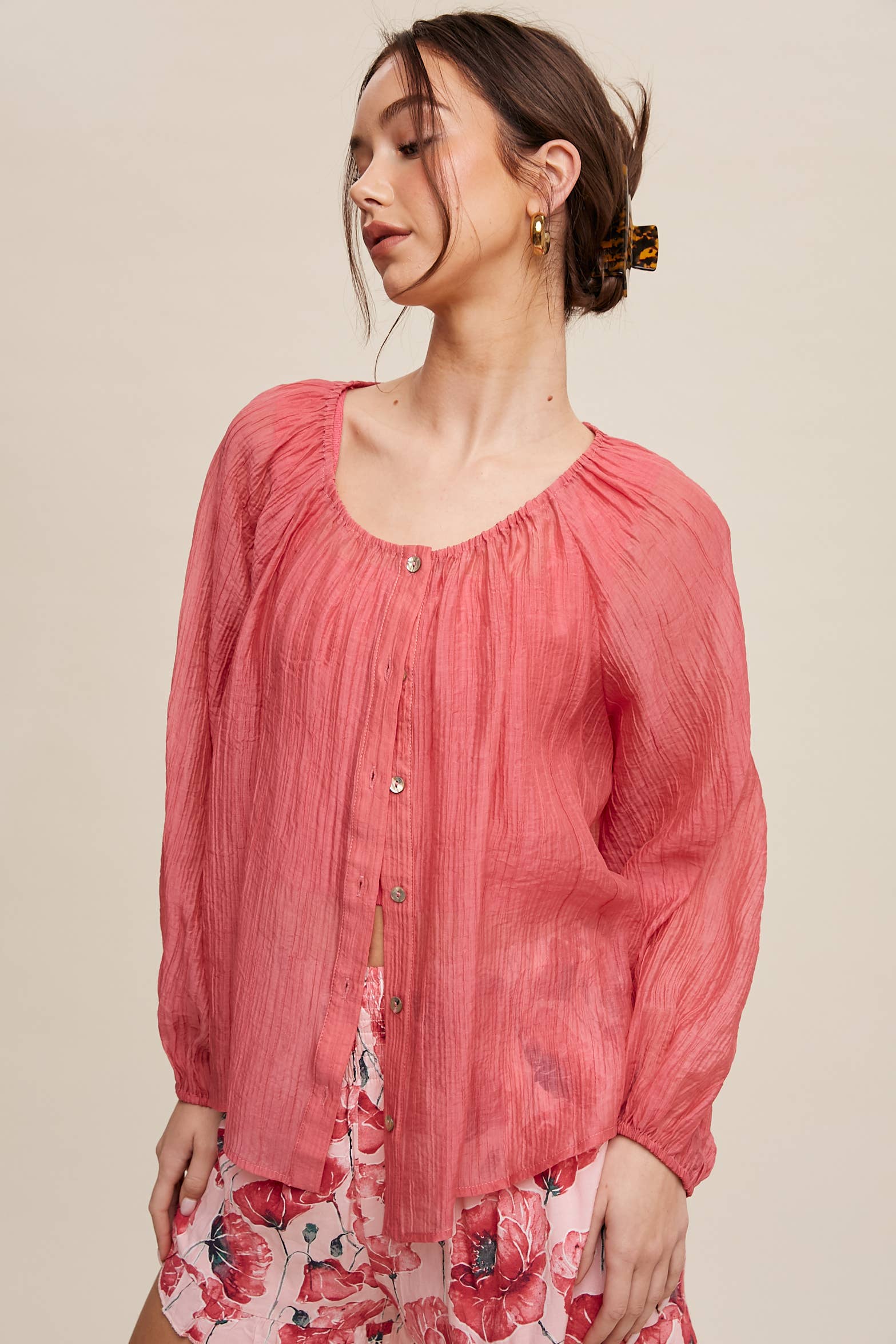 Lightweight Sheer Button-Down Blouse