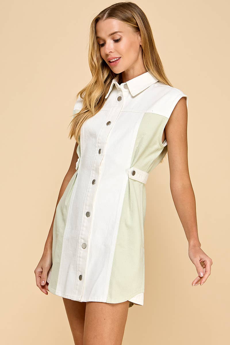 CD05102-Two Toned Denim Sleeveless Button Up Dress