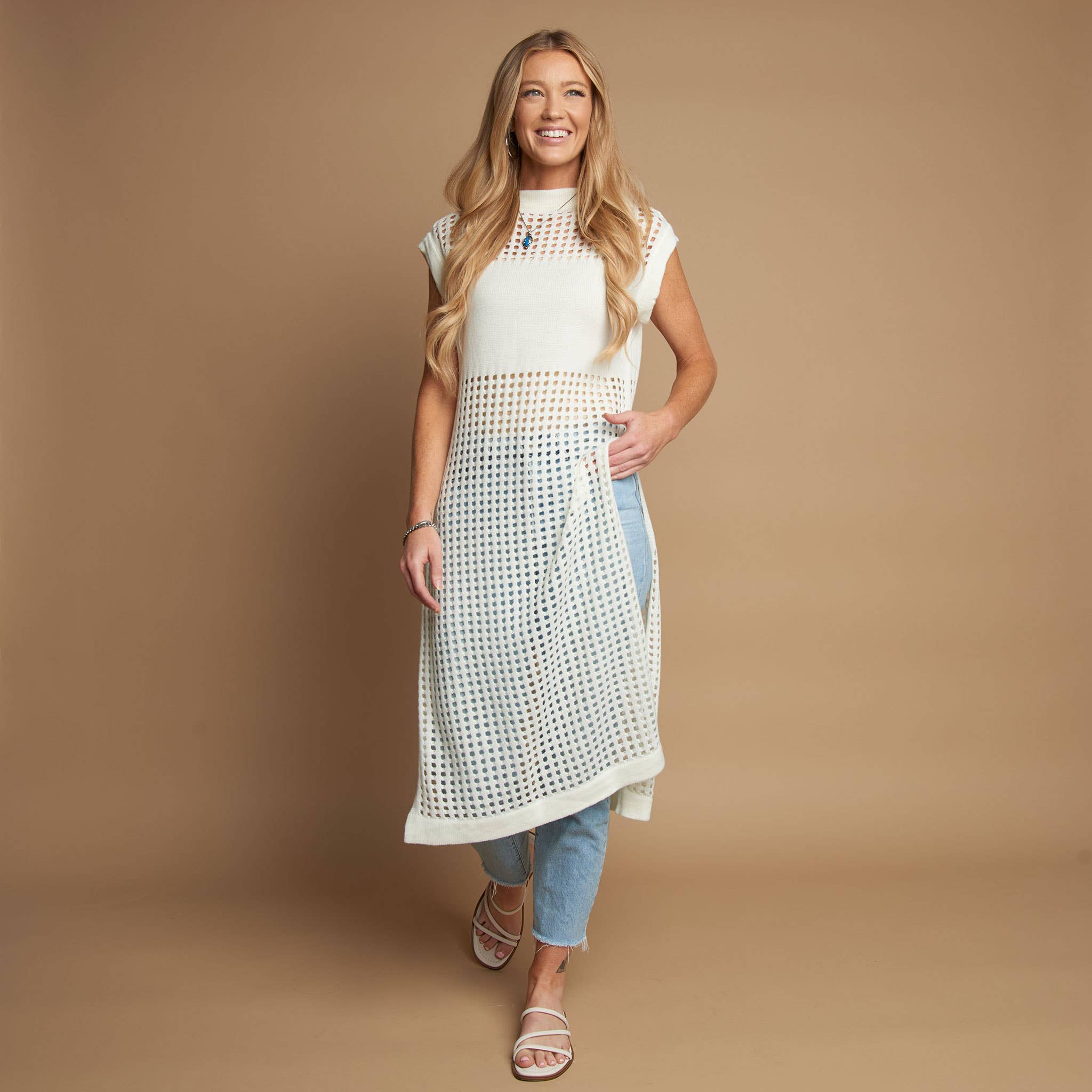 Azalea Sleeveless Longline Crochet Sweater - Snow