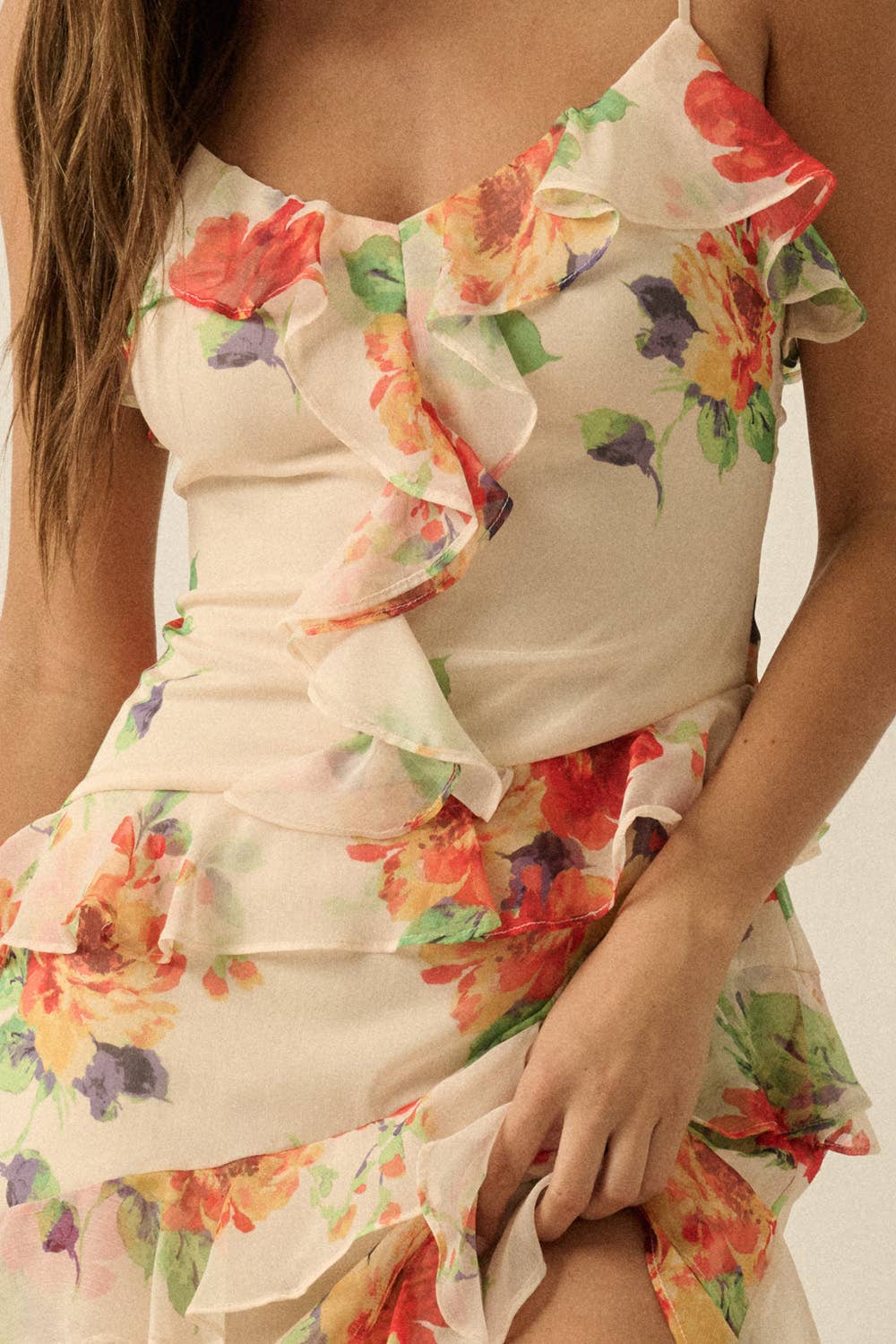 Floral-Print Chiffon Asymmetrical Ruffle Maxi Dress