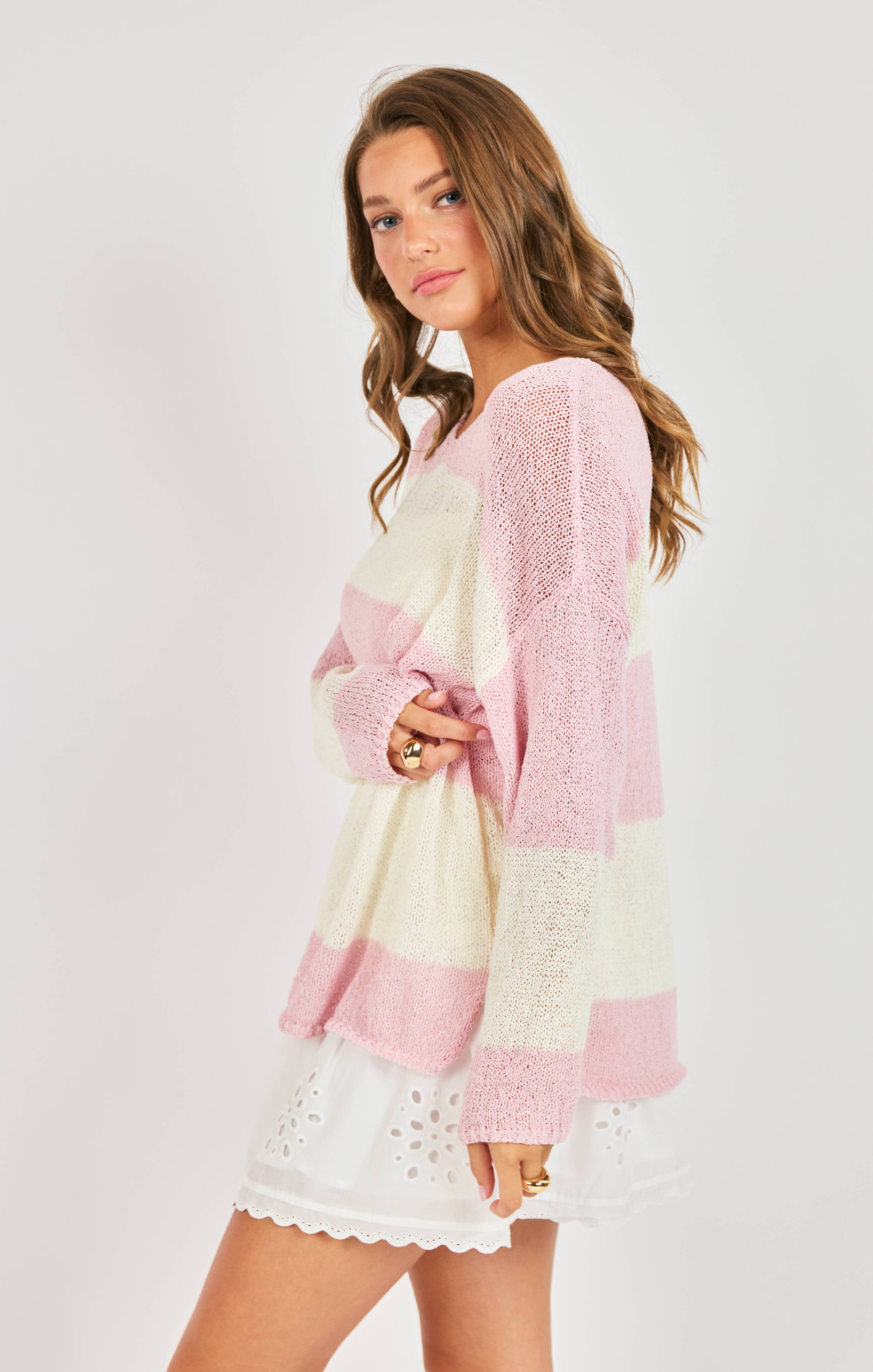 Helen Stripe Sweater:PINK IVORY