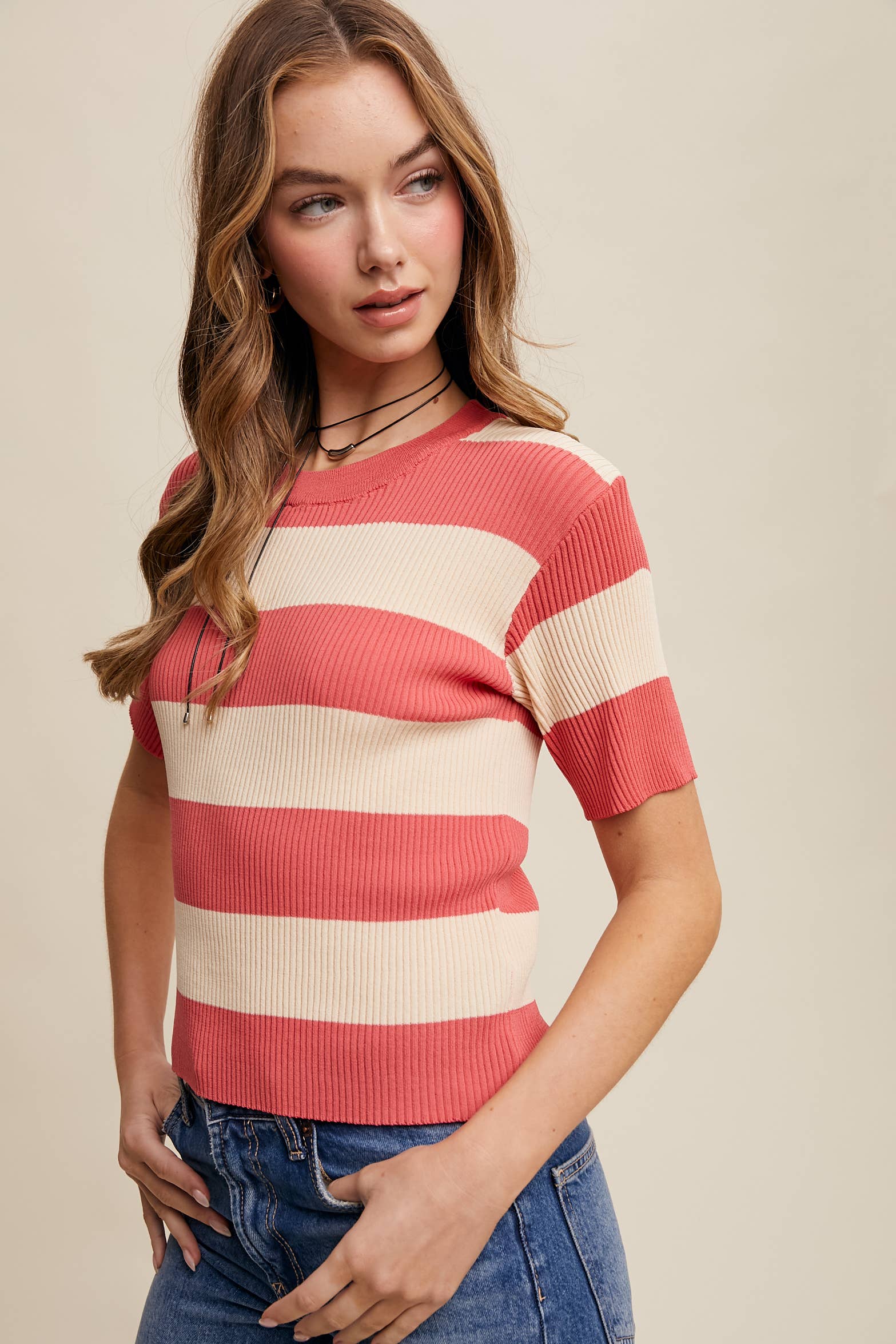 Striped Ribbed Light Weight Knit Sweater Top
