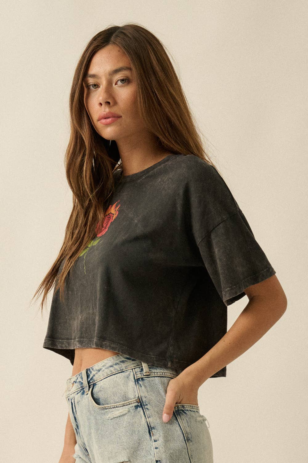 Flaming Rose Mineral-Washed Cropped Graphic Tee