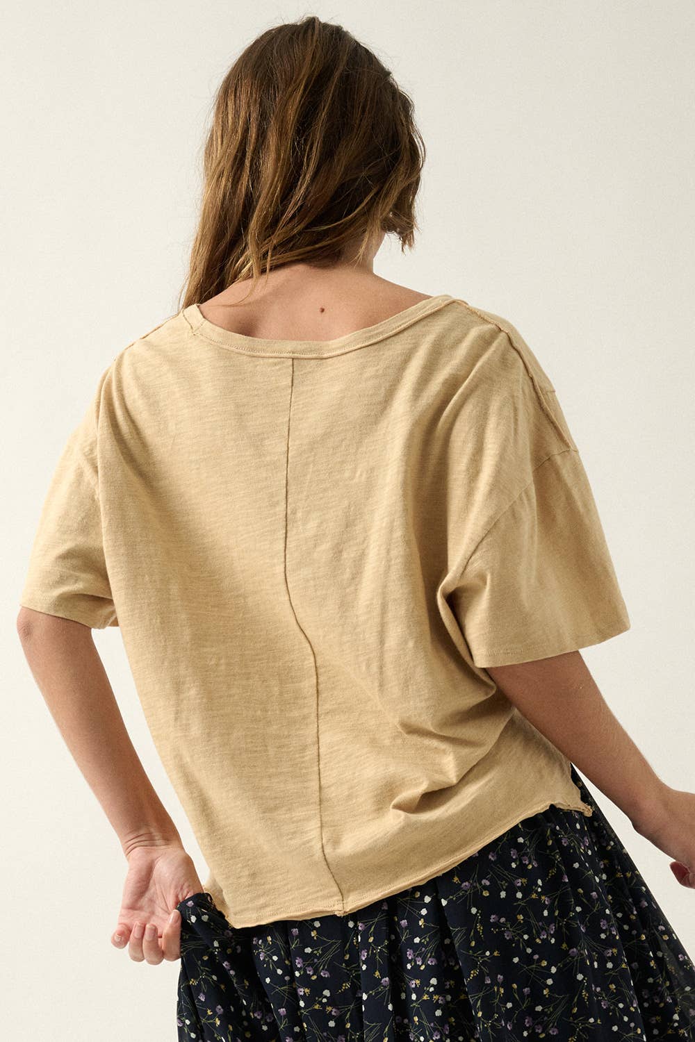 Easy Fit Mineral-Wash Exposed Seam Slub Knit Tee - Sand Brown