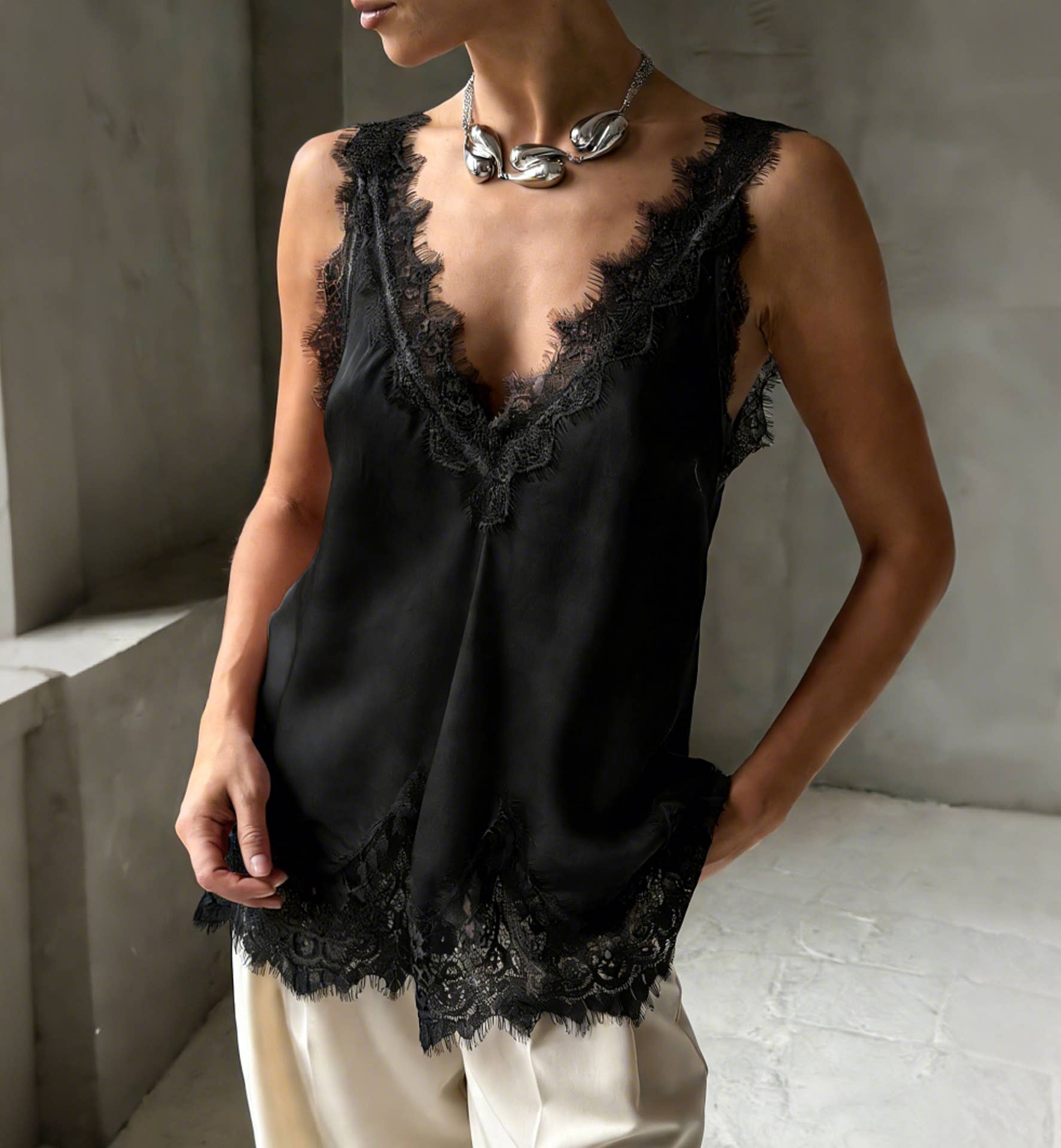 Women Sheer V-Neck Retro Lace Hollow Out Trim Vest Top