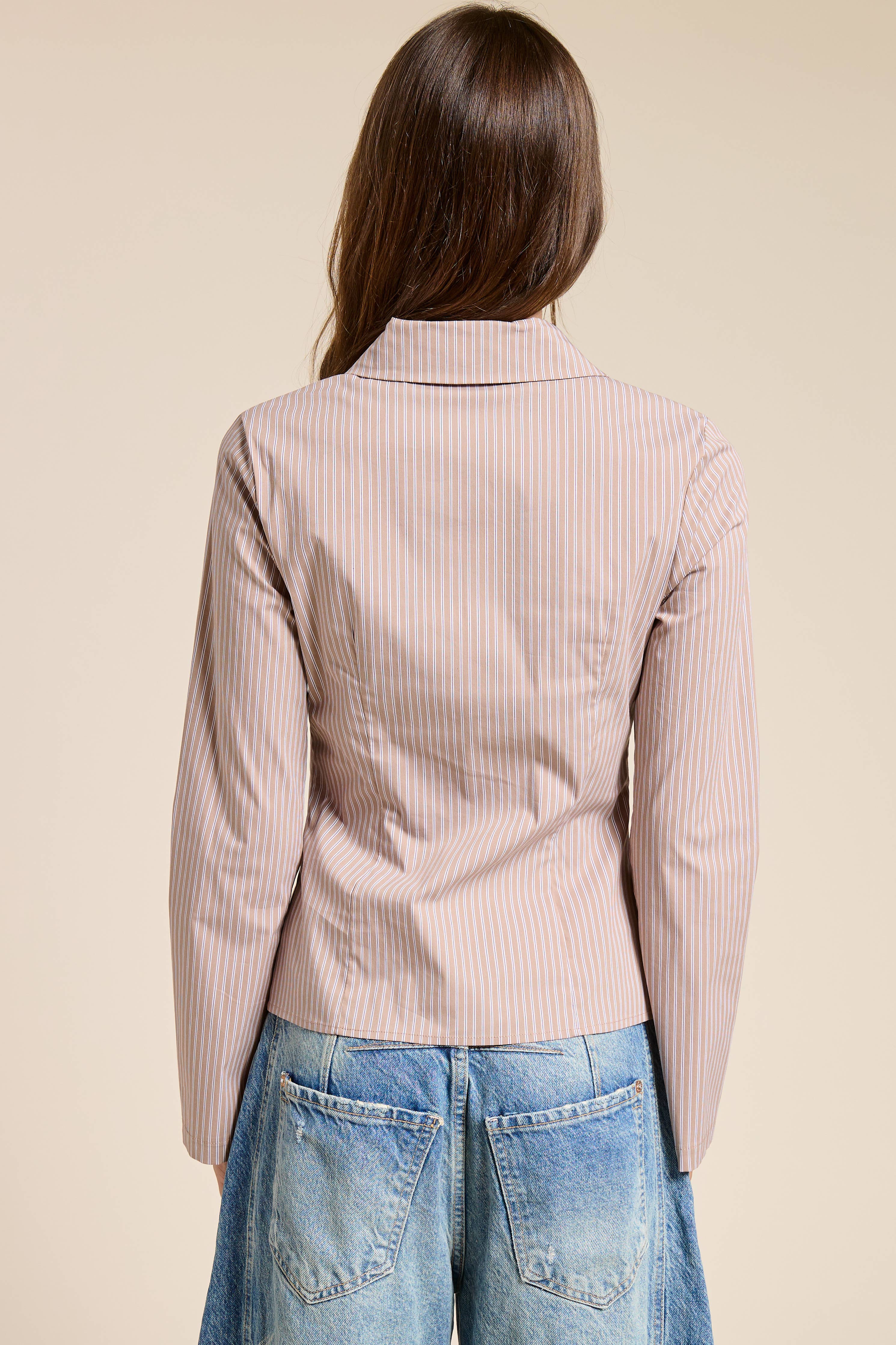 Pinstripe Fitted Button Down Shirt with Flared Sleeves