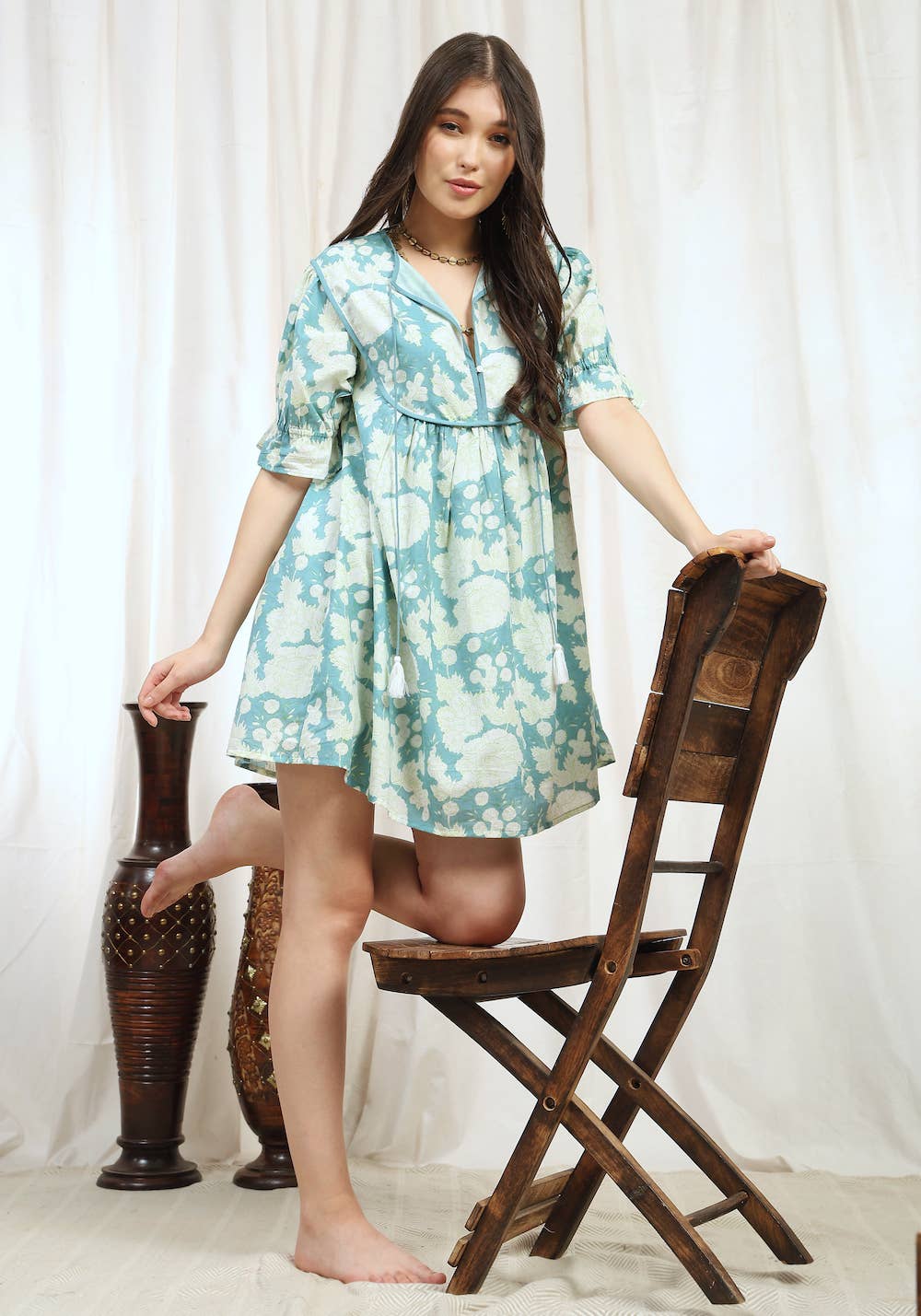 Block Printed Ruffle Sleeve Women's Mini Dress (Nanda)