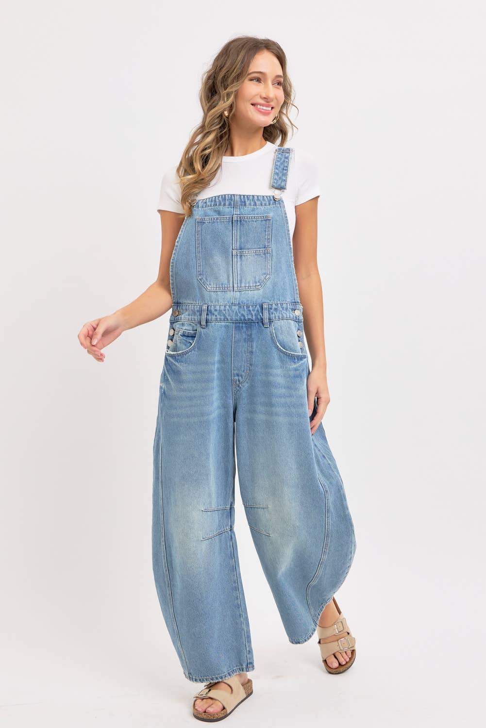 DENIM OVERALL BARREL-LEG JUMPSUIT