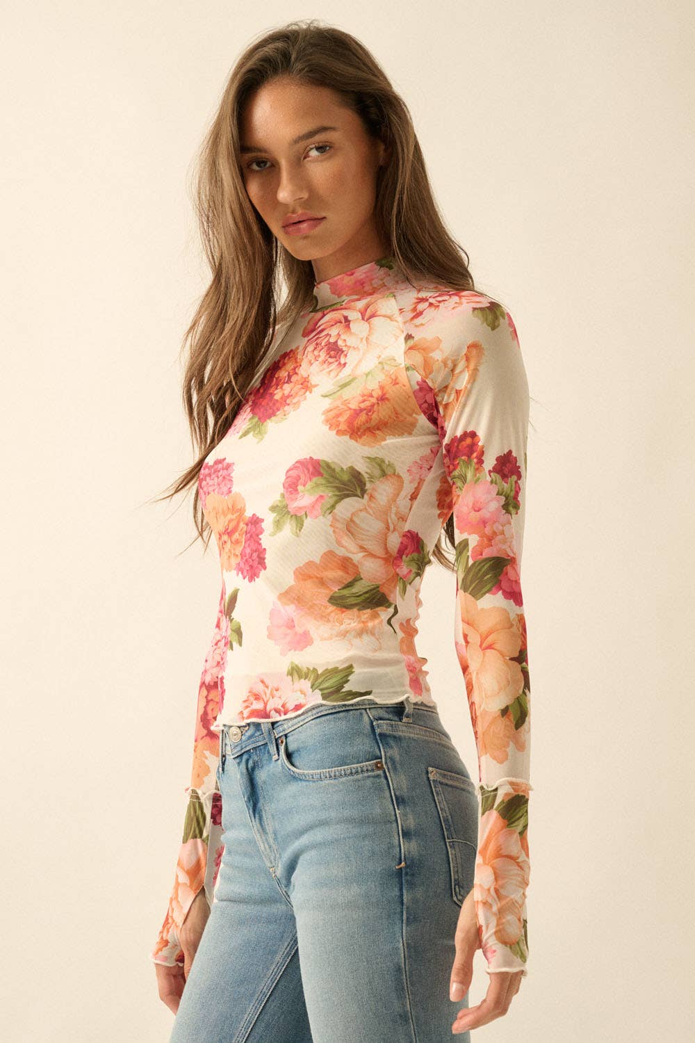 Floral-Print Mesh Mock-Neck Raglan-Sleeve Thumbhole Top