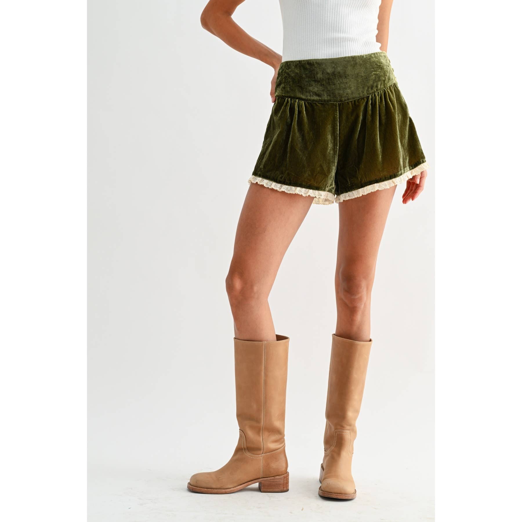 Olive Velvet High-Waist Lace Trim Shorts