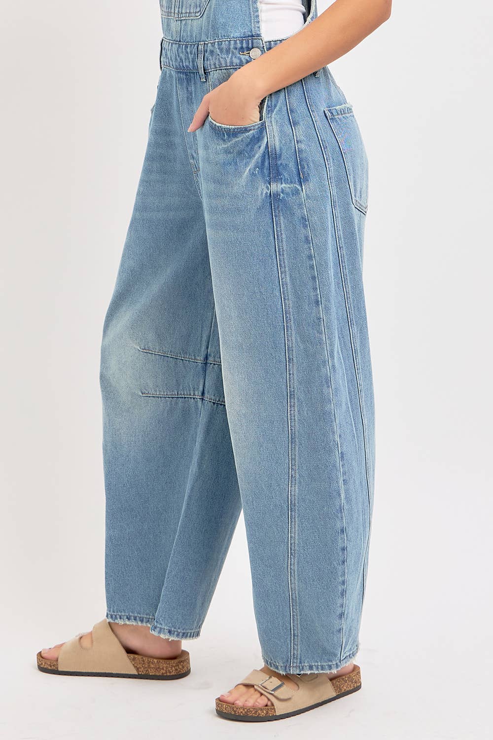 DENIM OVERALL BARREL-LEG JUMPSUIT