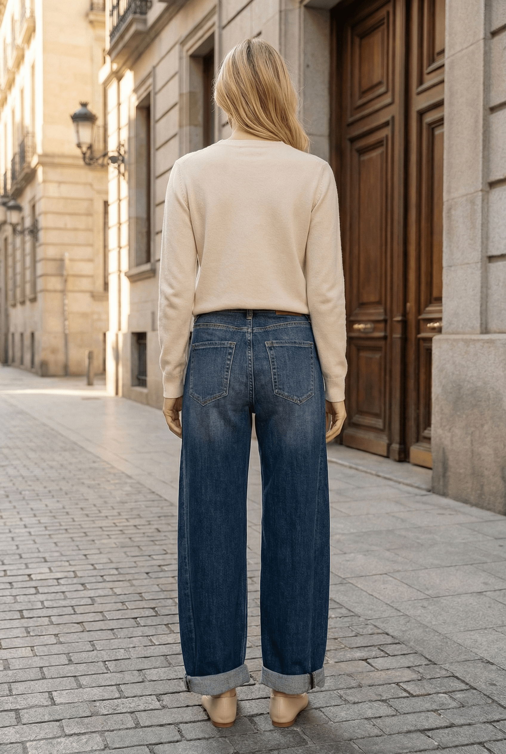 HIGH RISE RELAXED TAPERED DARK WASH BARREL JEANS