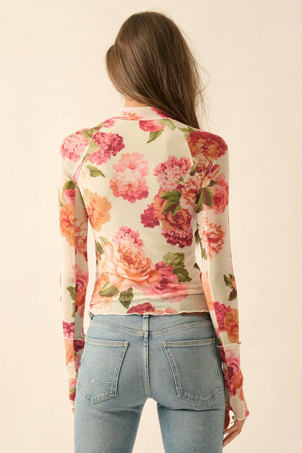 Floral-Print Mesh Mock-Neck Raglan-Sleeve Thumbhole Top