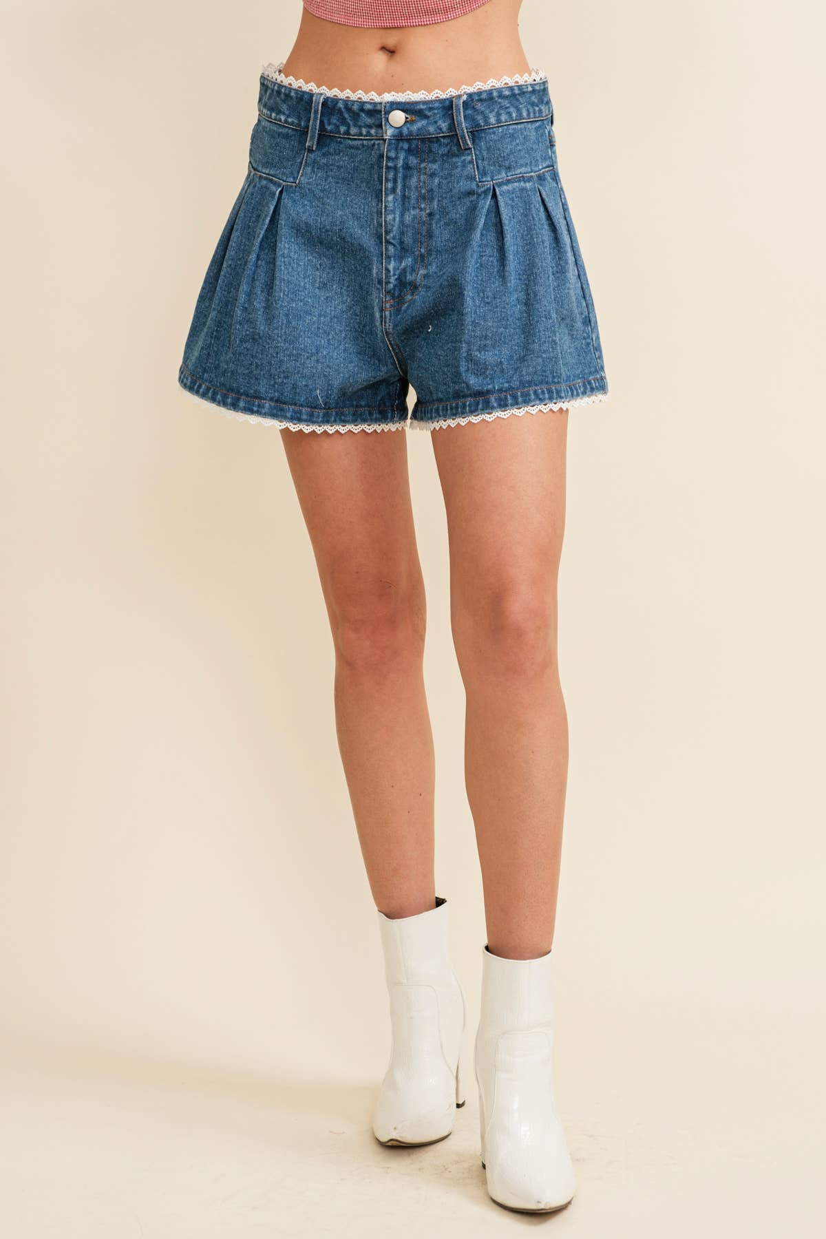 CP13470A - LACE TRIM PLEATED DENIM SHORTS