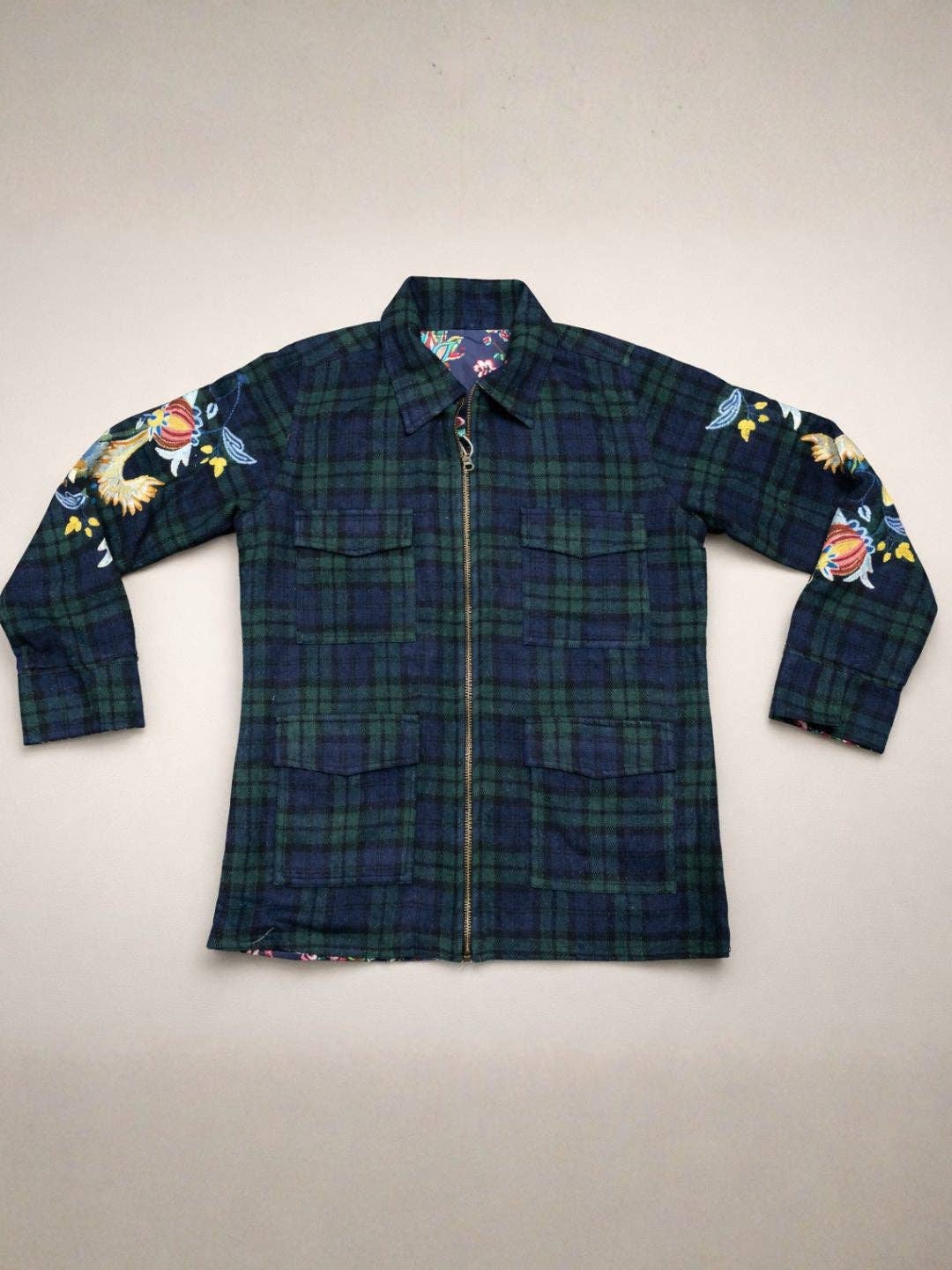 Navy Plaid Front Zip Plaid Utility Jacket: Navy Plaid