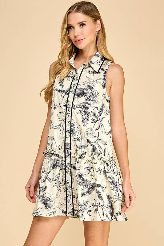CD04712-Leaf Print Piping Detail Sleeveless Shirt Dress