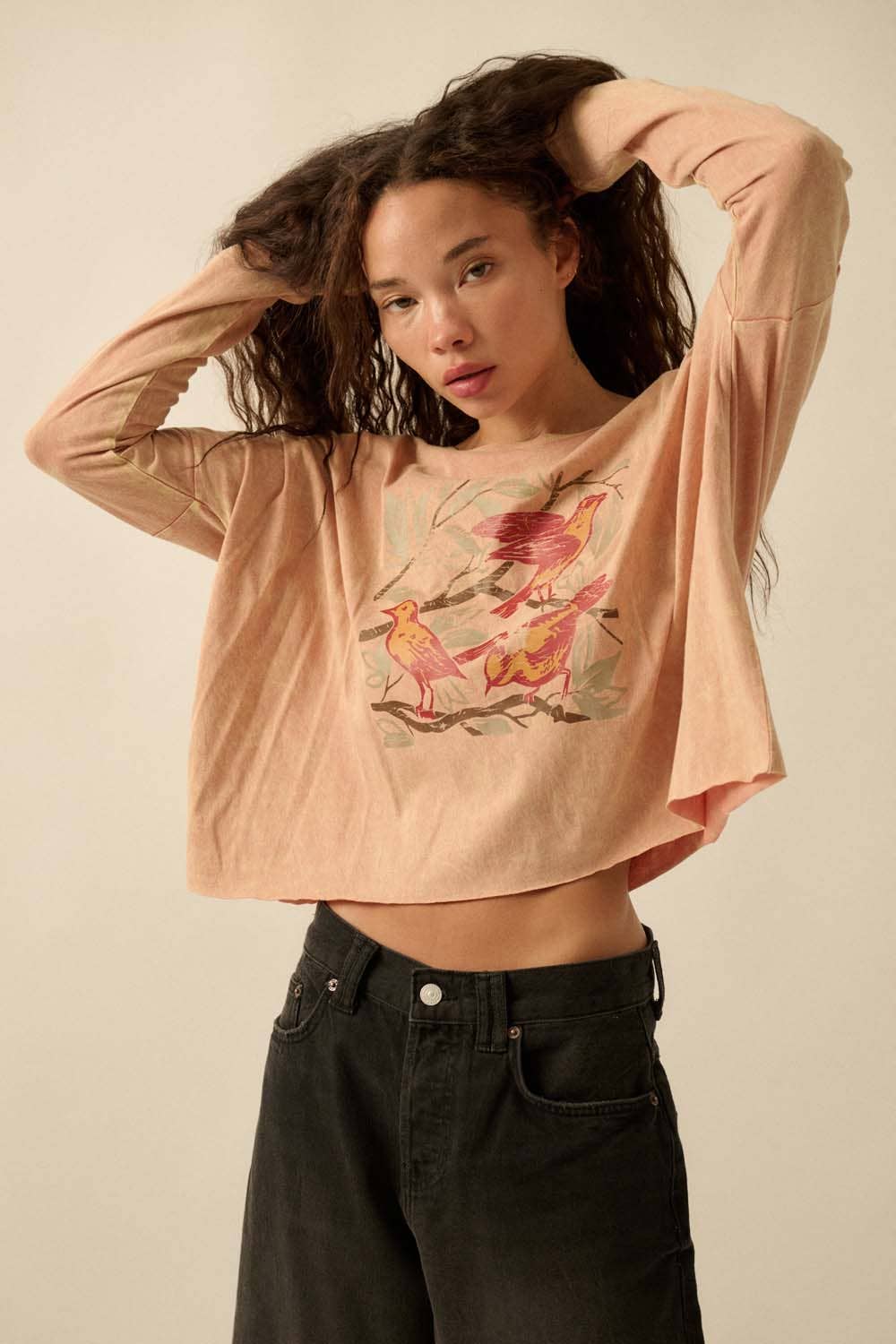 Birds Perched Cropped Vintage-Wash Graphic Tee