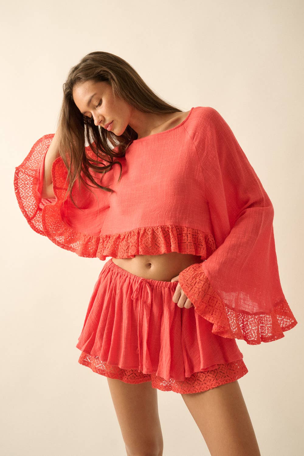 Cotton Gauze and Crochet Lace Ruffle Bell-Sleeve Cropped Set