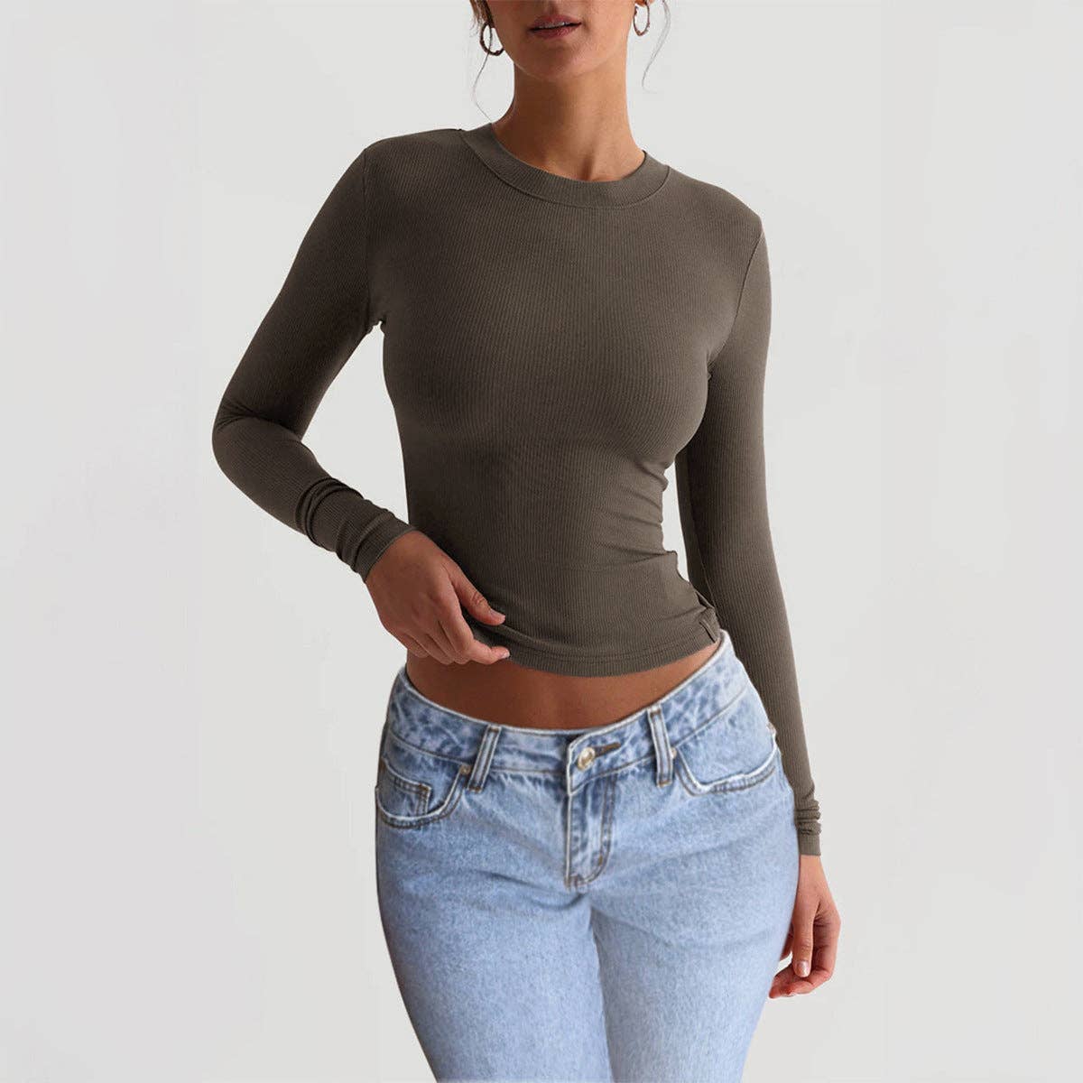 Women Solid Color Long Sleeve Basic Top