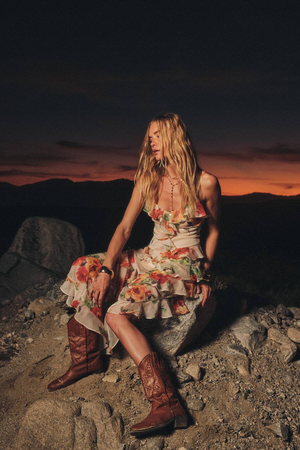 Floral-Print Chiffon Asymmetrical Ruffle Maxi Dress