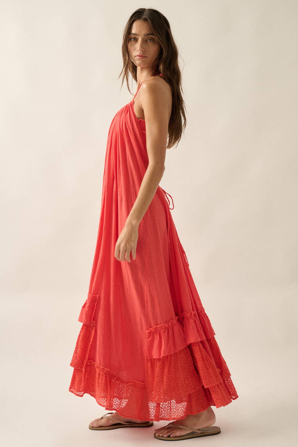 Cotton Gauze and Lace Ruffled Loose-Fit Halter Maxi Dress