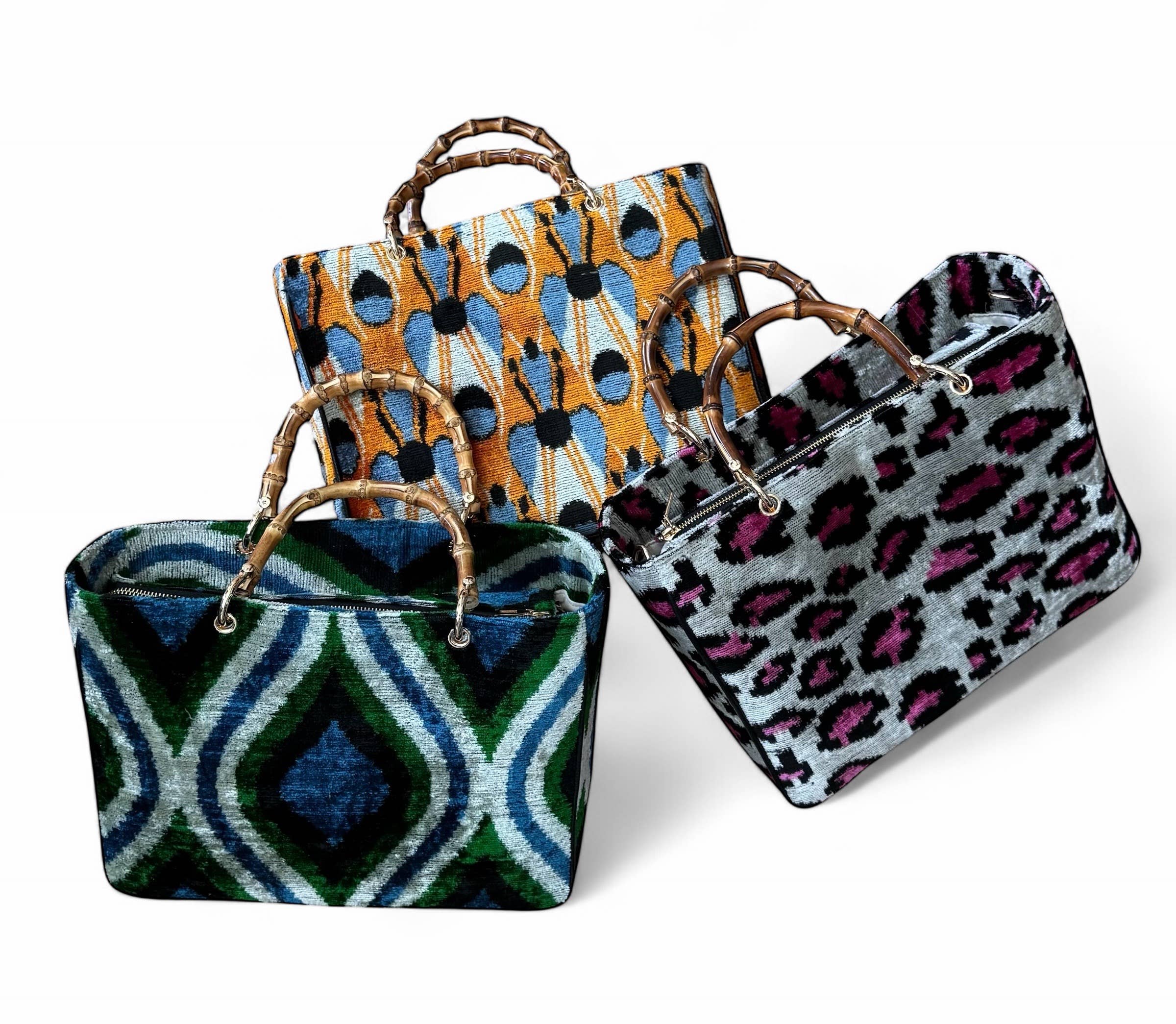 Silk Velvet Ikat Large Kuti Bag with Bamboo Handle