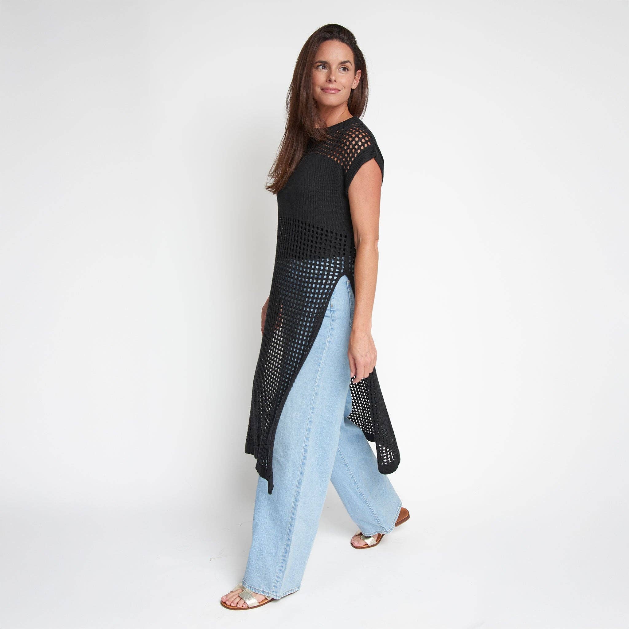 Azalea Sleeveless Longline Crochet Sweater - Jet