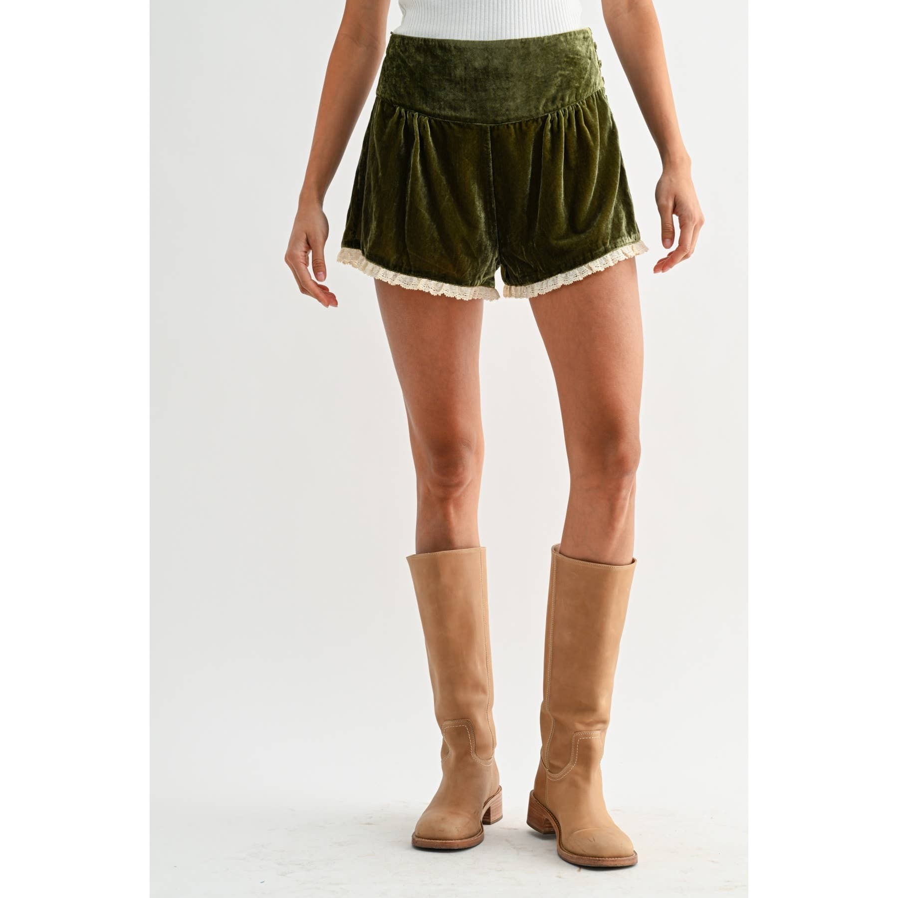Olive Velvet High-Waist Lace Trim Shorts