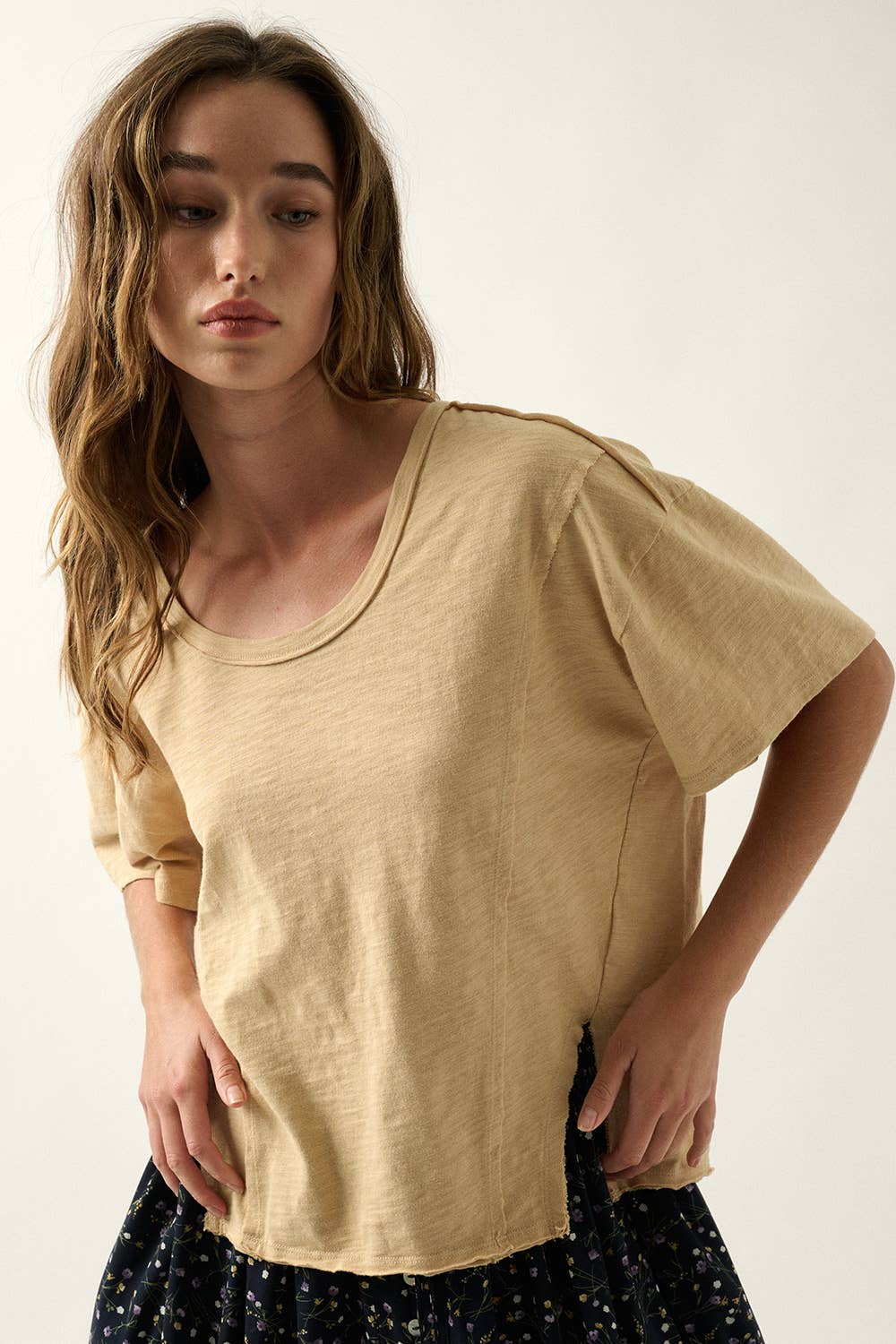 Easy Fit Mineral-Wash Exposed Seam Slub Knit Tee - Sand Brown