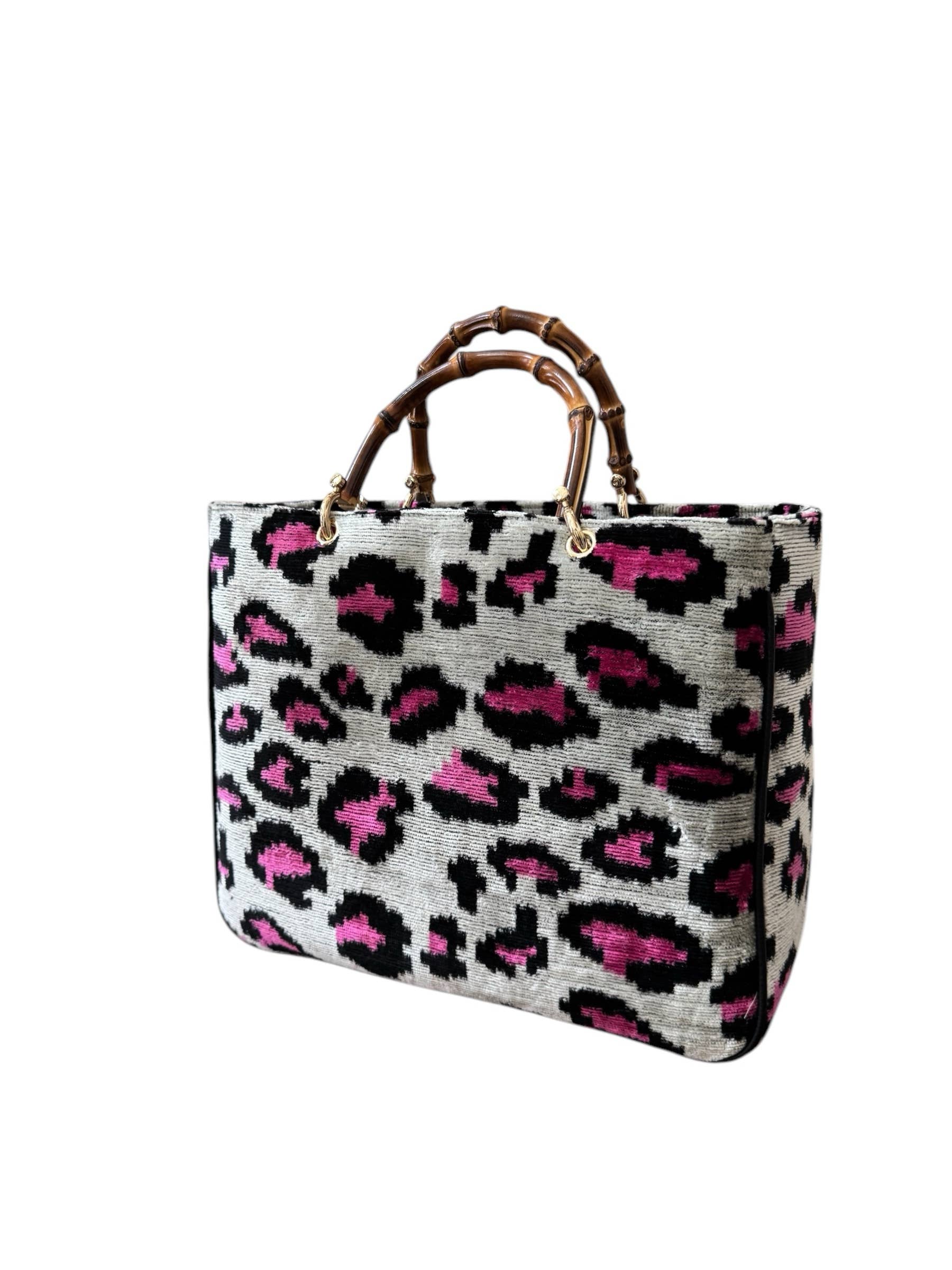 Silk Velvet Ikat Large Kuti Bag with Bamboo Handle