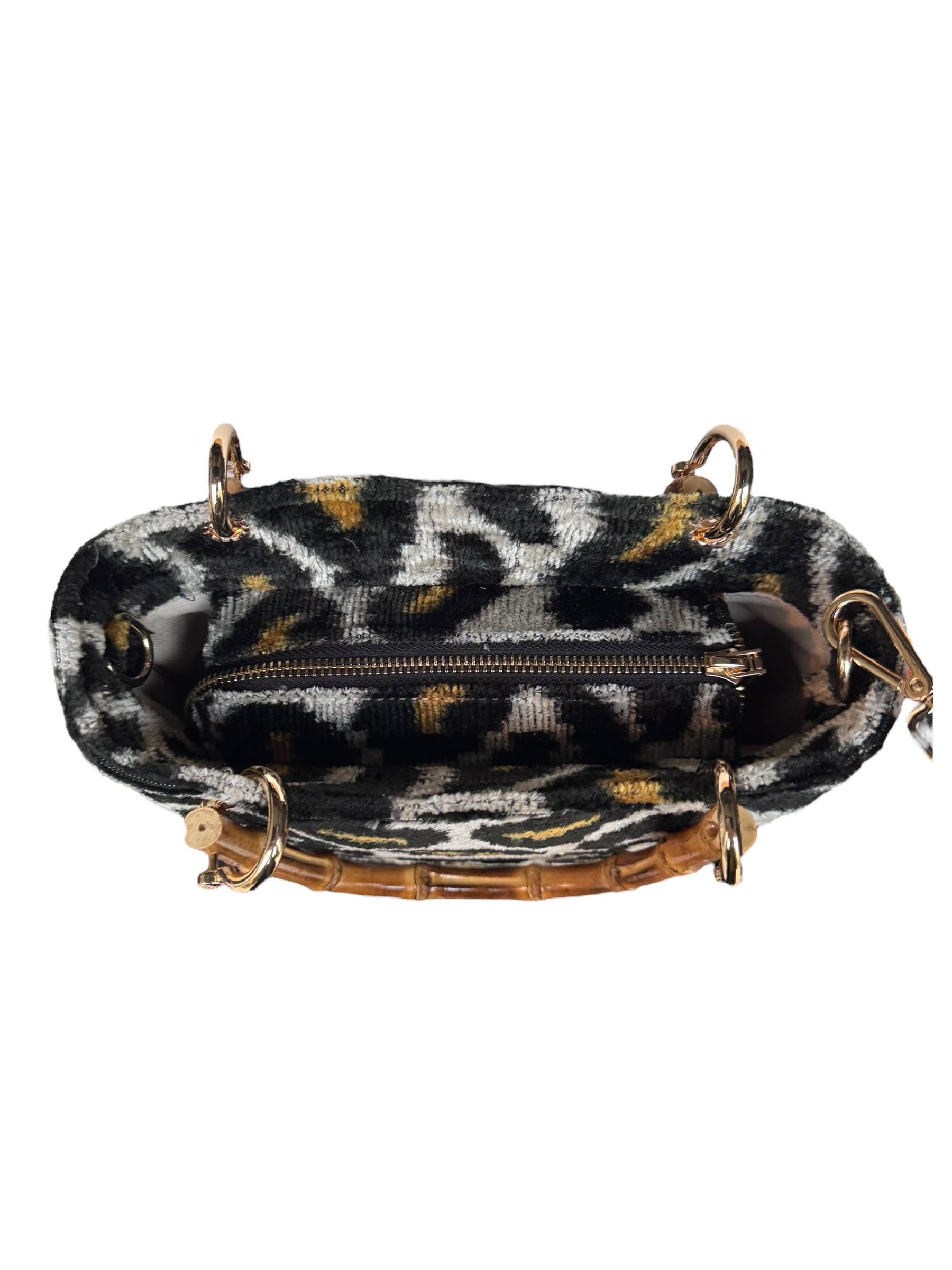 Silk Velvet Ikat Small Kuti Bag with Bamboo Handle