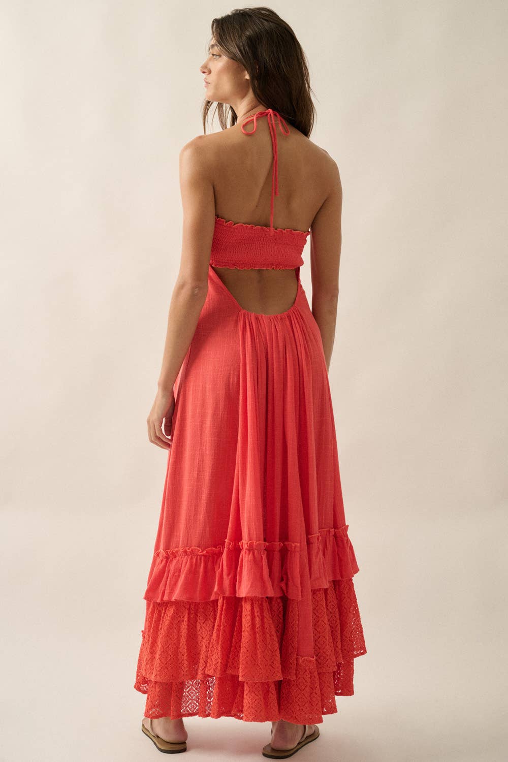 Cotton Gauze and Lace Ruffled Loose-Fit Halter Maxi Dress