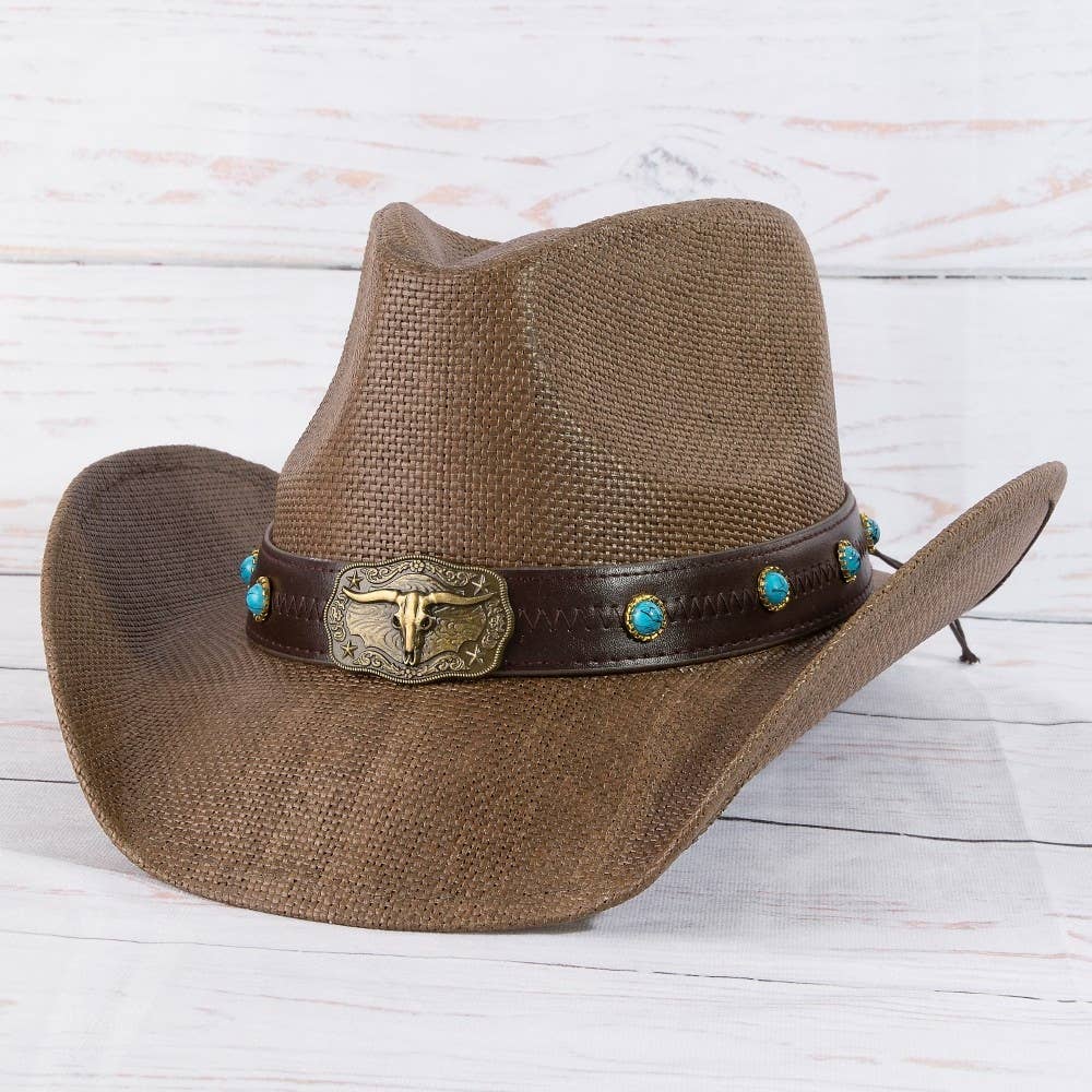 Western Longhorn Strap Turquoise Accent Cowboy Hat