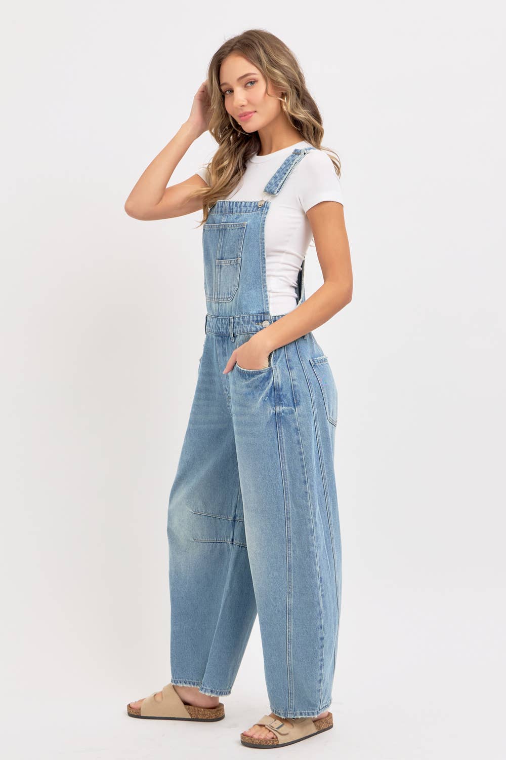 DENIM OVERALL BARREL-LEG JUMPSUIT