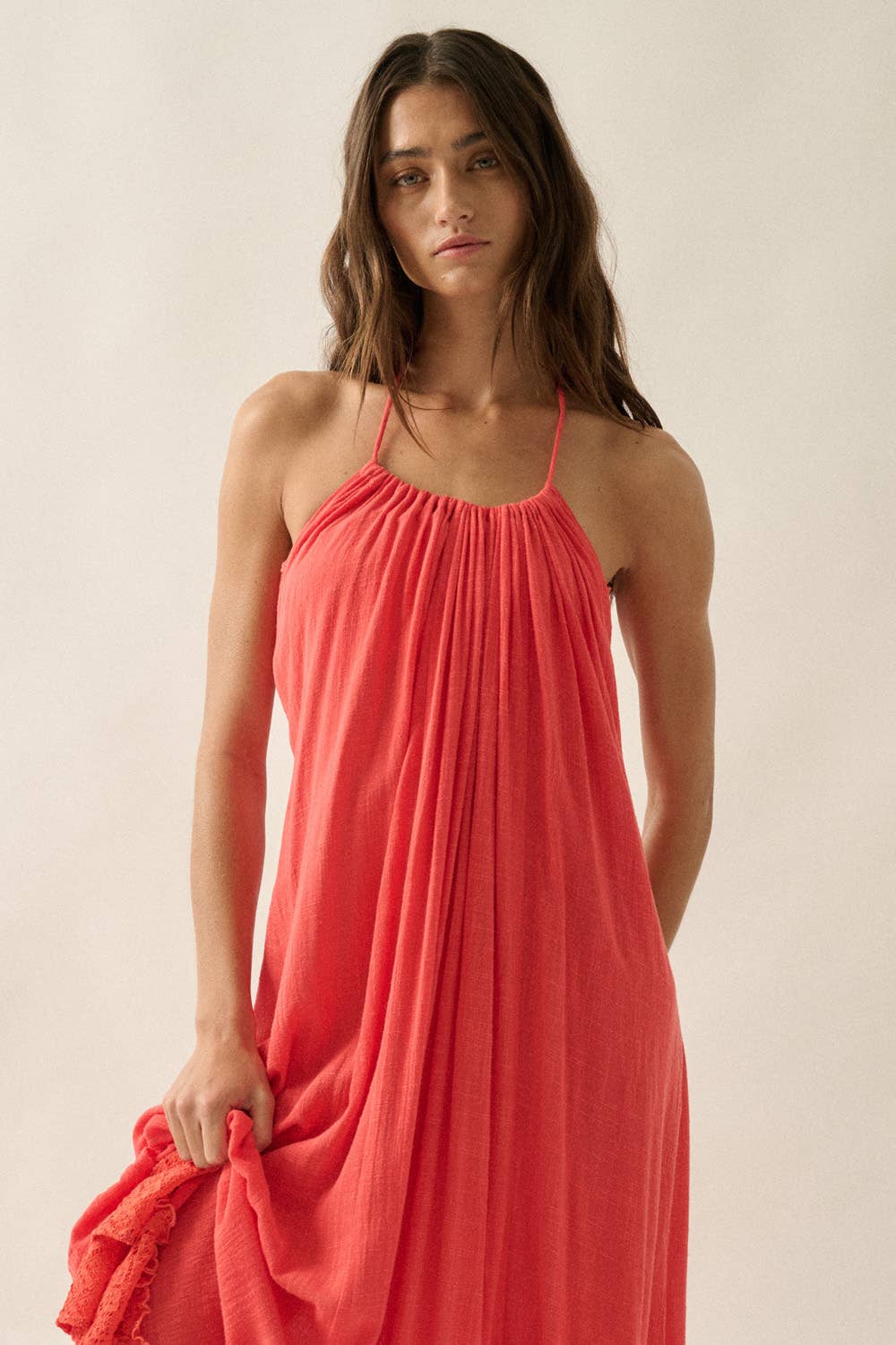 Cotton Gauze and Lace Ruffled Loose-Fit Halter Maxi Dress