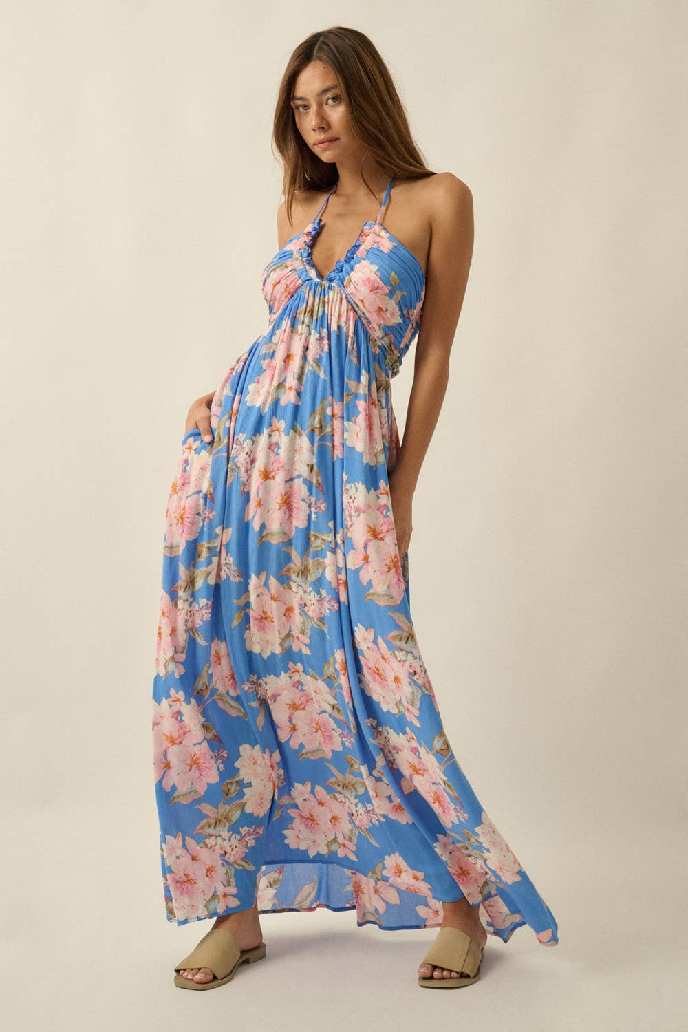 Floral-Print Crepe Halter Tie-Back High-Waist Maxi Dress