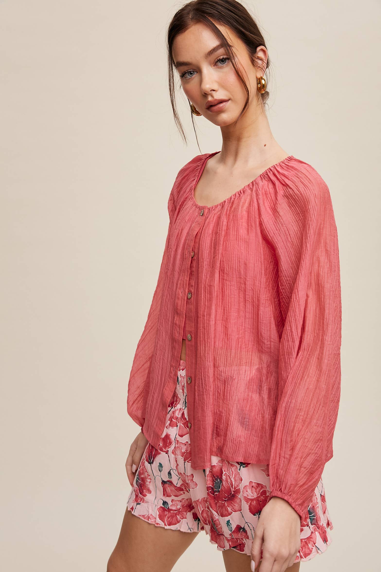 Lightweight Sheer Button-Down Blouse