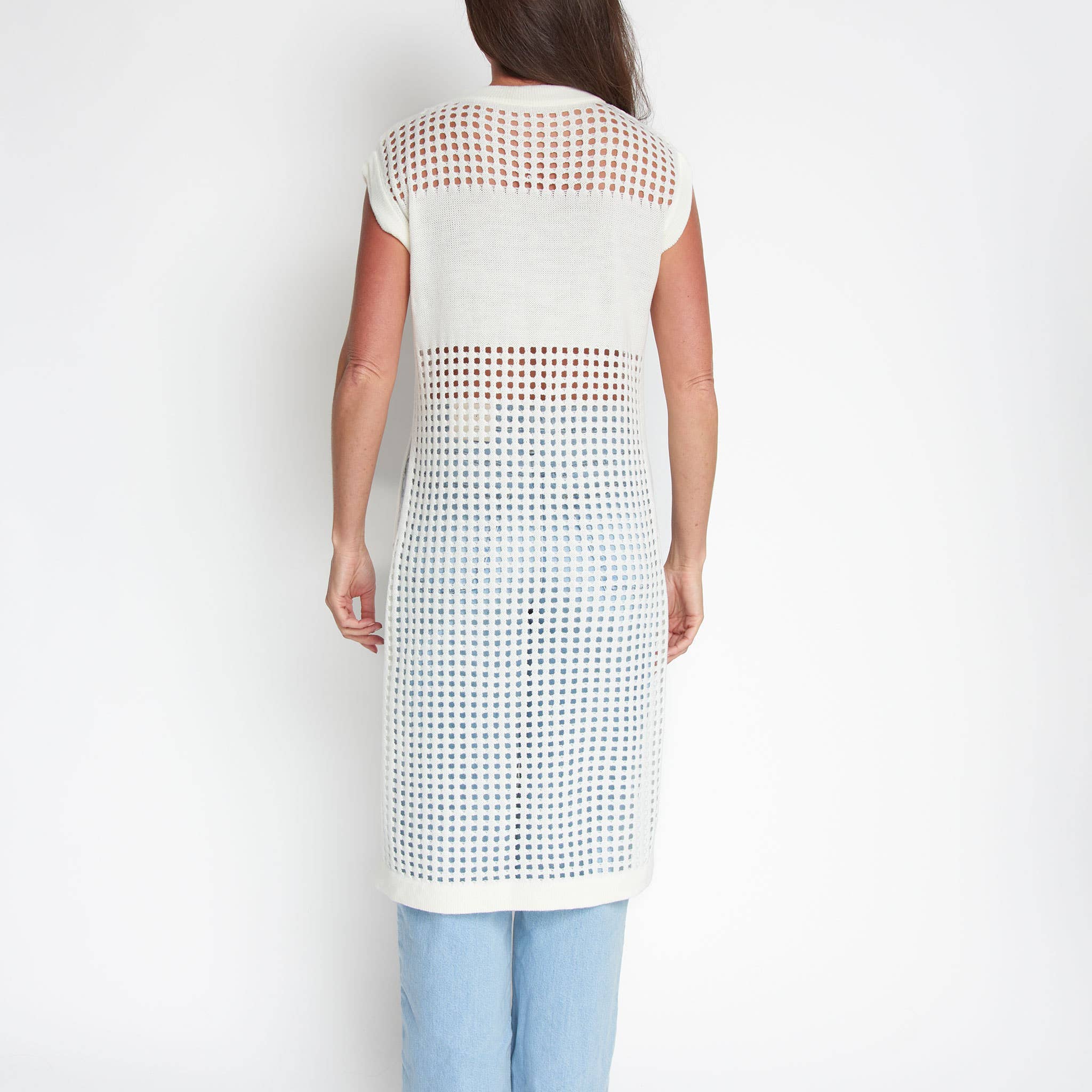 Azalea Sleeveless Longline Crochet Sweater - Snow