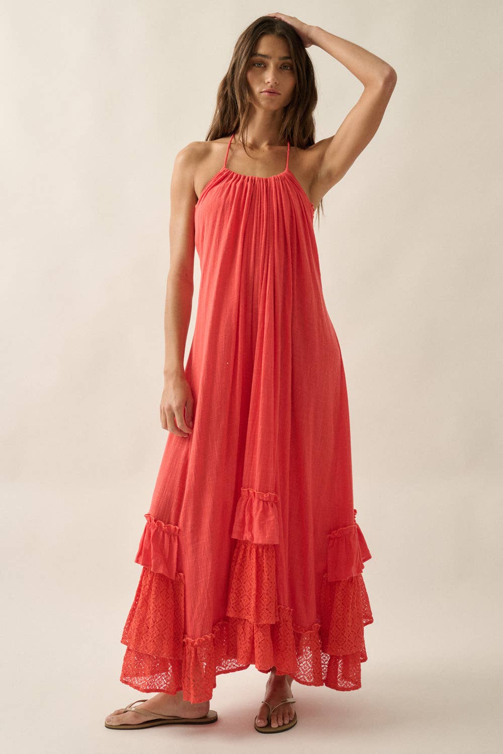 Cotton Gauze and Lace Ruffled Loose-Fit Halter Maxi Dress