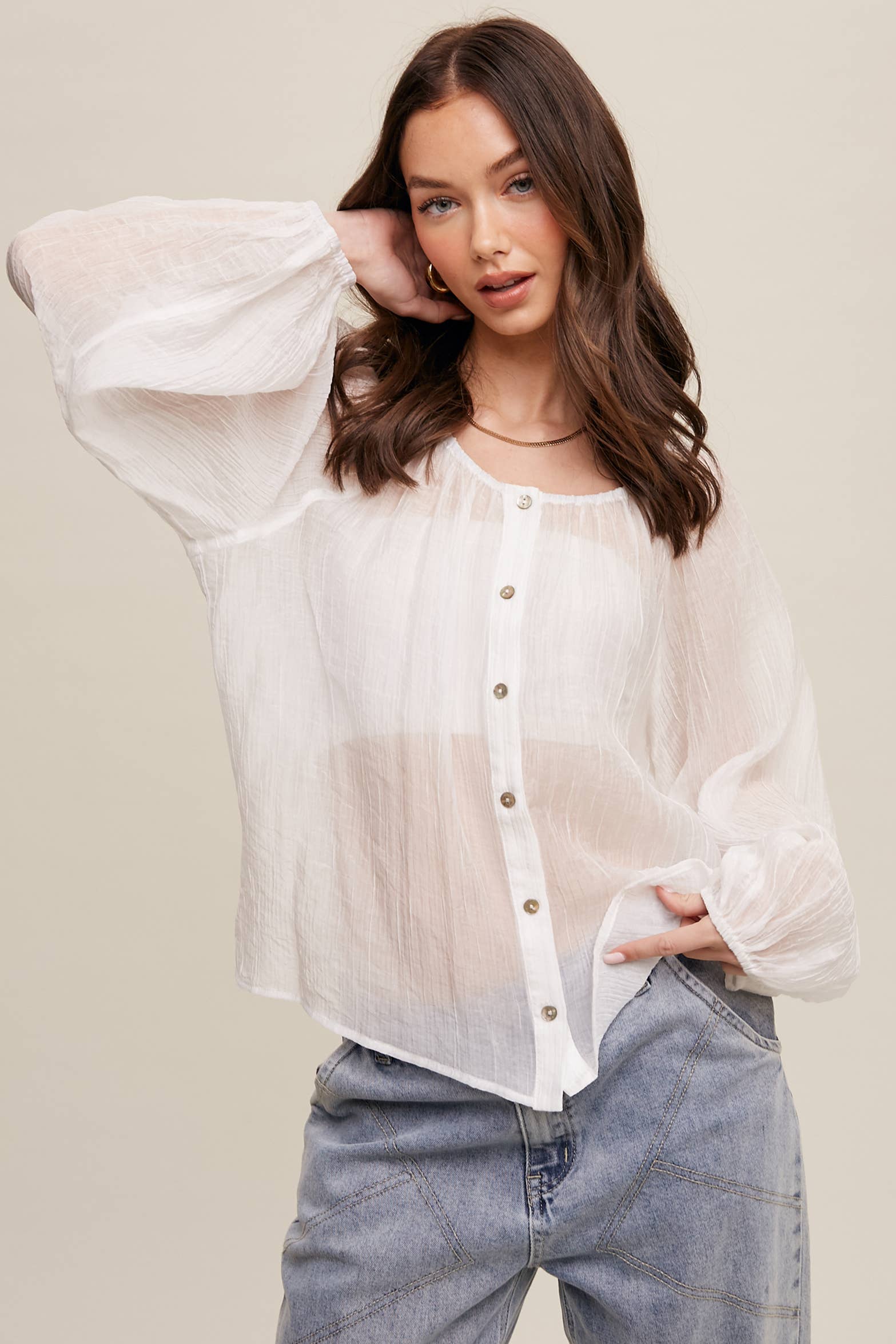 Lightweight Sheer Button-Down Blouse