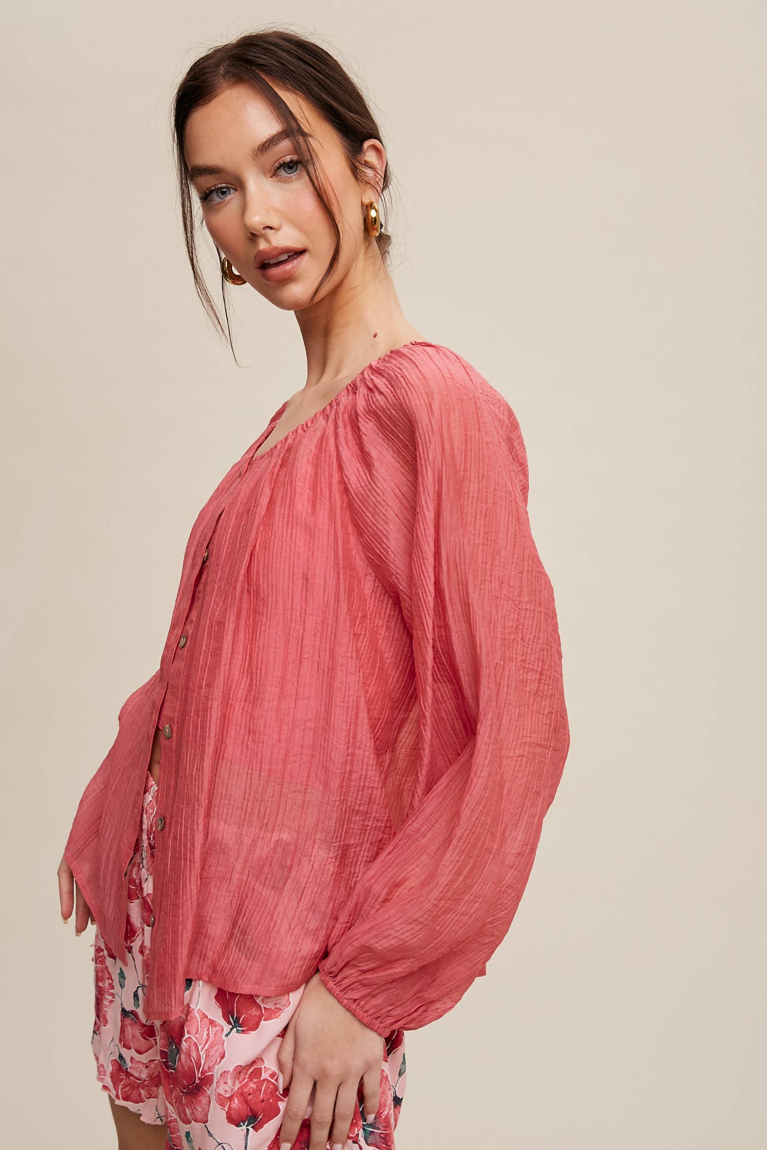 Lightweight Sheer Button-Down Blouse