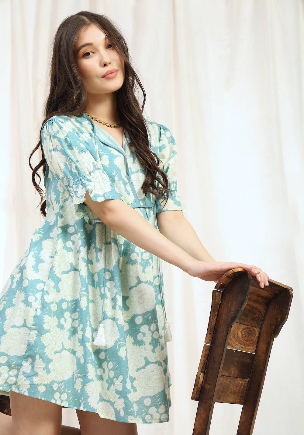Block Printed Ruffle Sleeve Women's Mini Dress (Nanda)