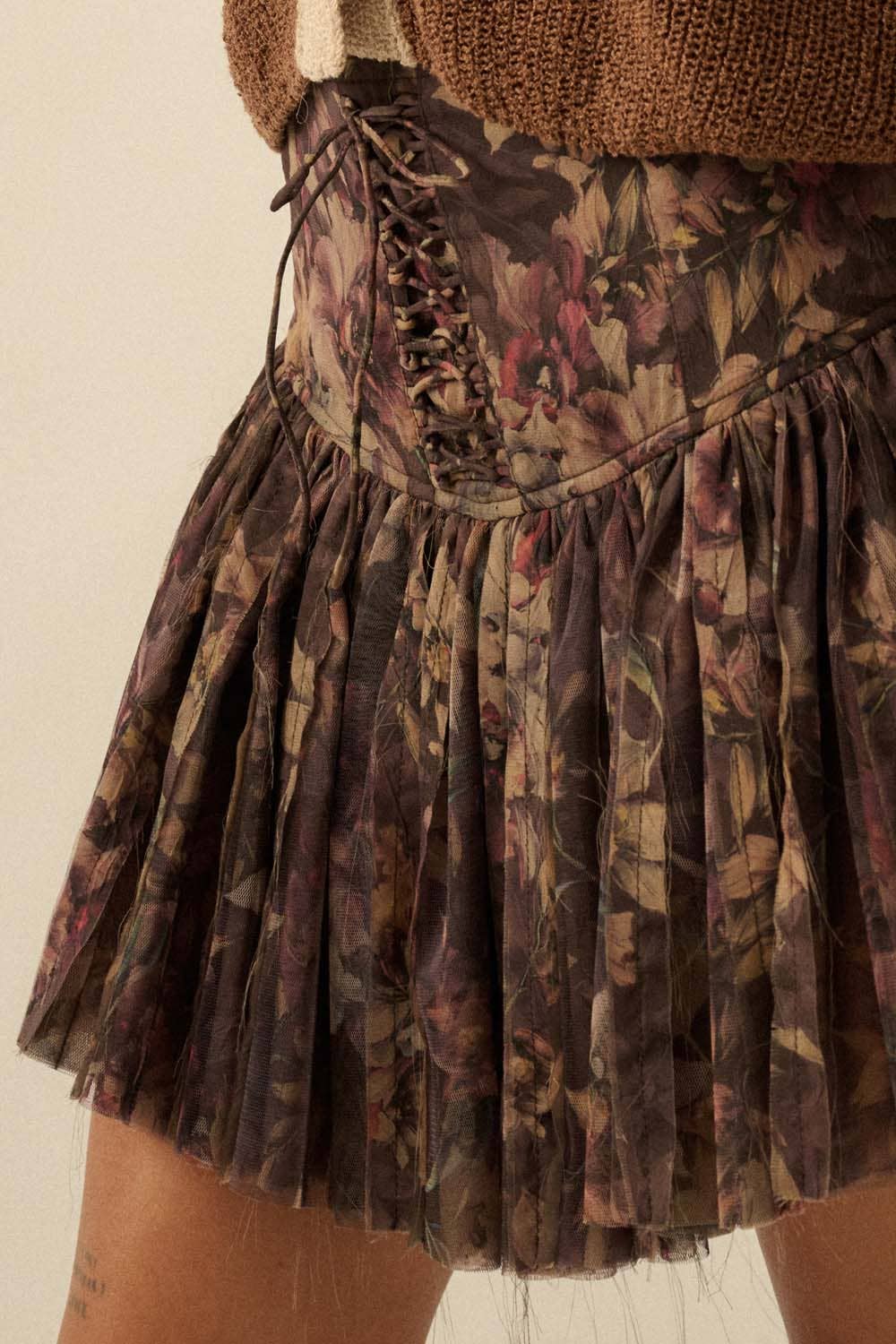 Floral-Print Drop-Waist Lace-Up Pleated Mini Skort