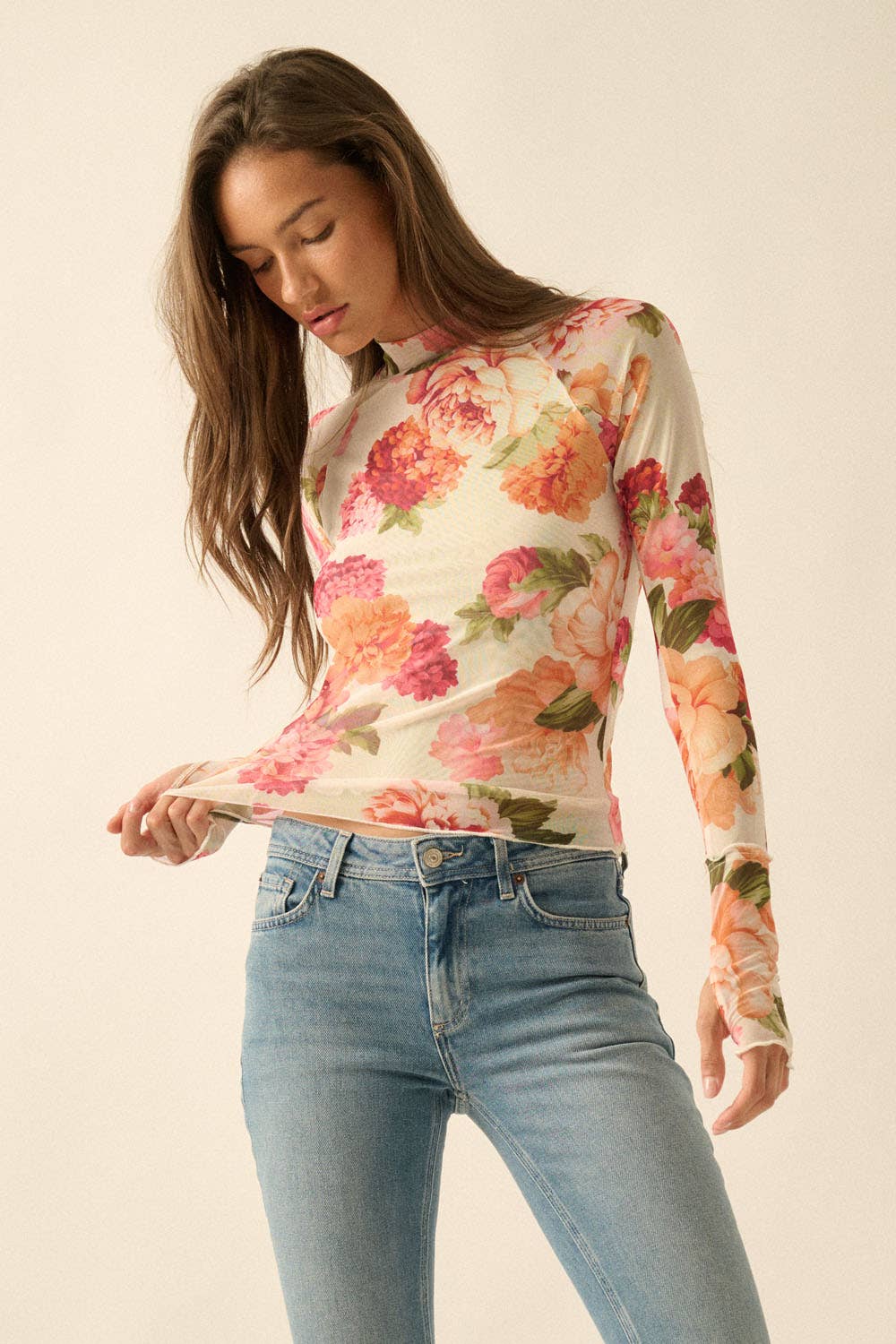 Floral-Print Mesh Mock-Neck Raglan-Sleeve Thumbhole Top
