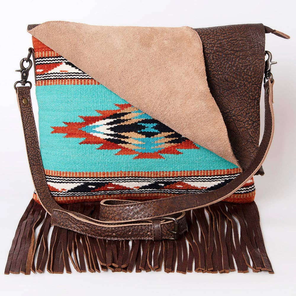 ADBG1036 American Darling Western Leather Crossbody Bag Fringe Saddle Blanket Design